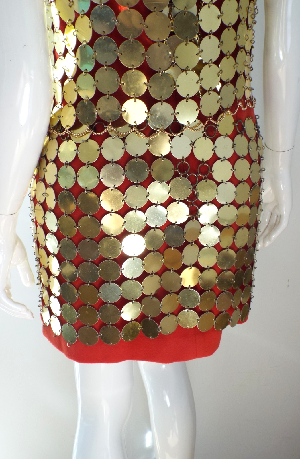 Vintage 1960s Gold Tone Metal Disc Chain Mail Vest Top & Skirt Dress Paillette