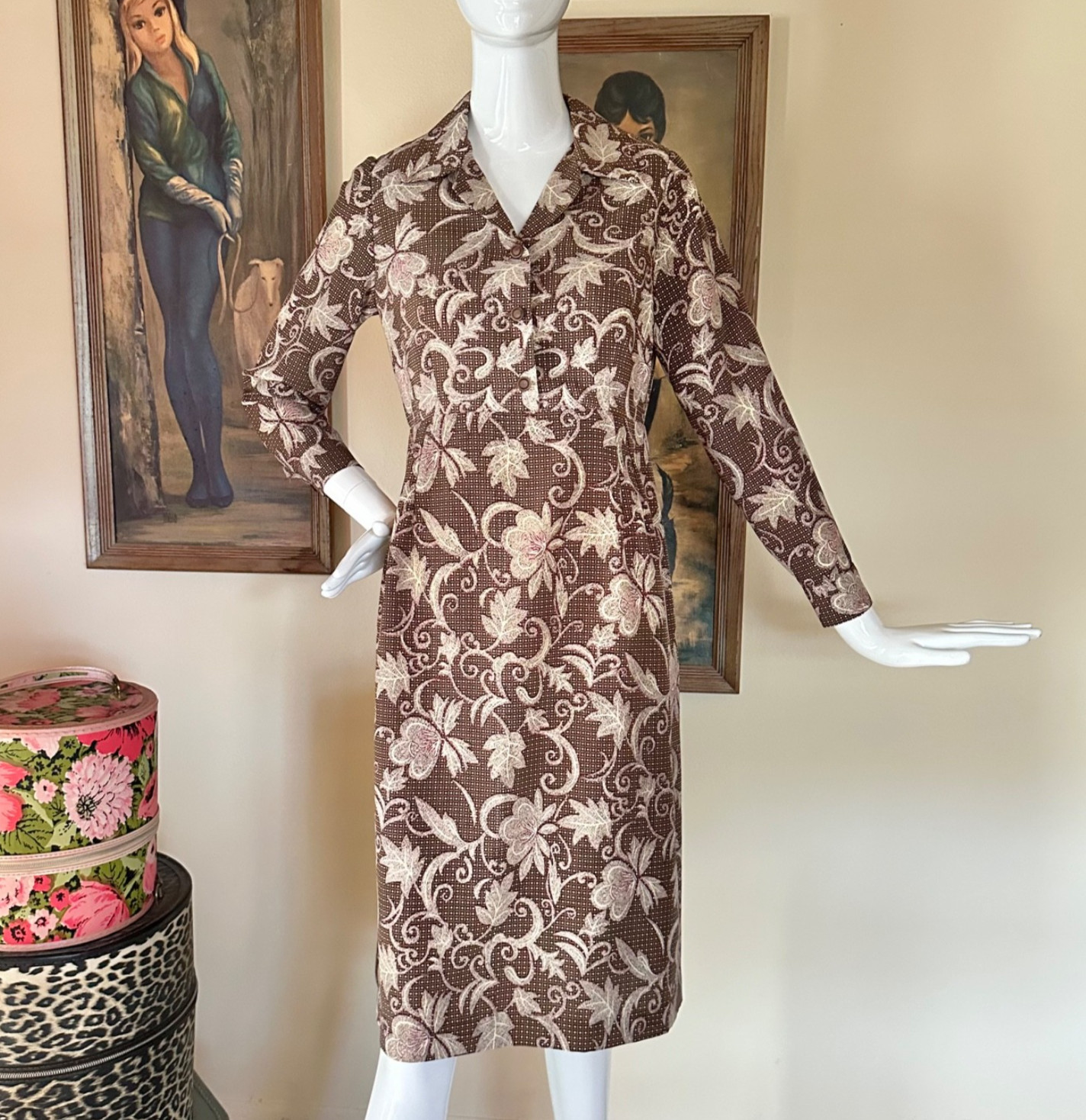Vintage 80s Bohemian Floral Print Shirtwaist Day Dress Long Sleeve Secretary S/M