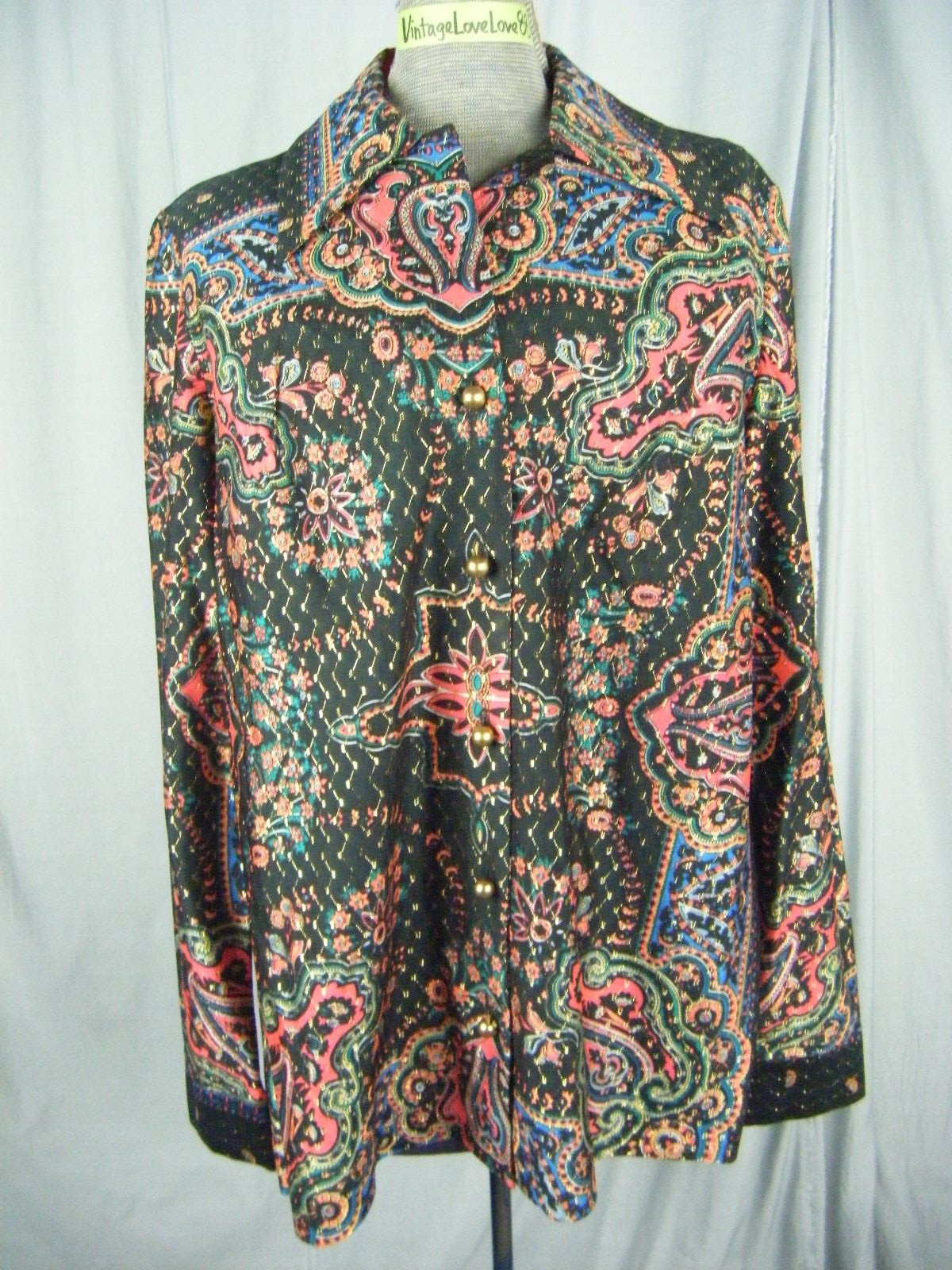 Vintage 60-70s Black Golden Stitches Mod Printed Nylon Knit Blouse-Bust 46/L