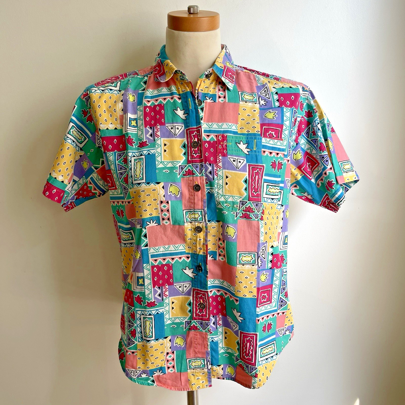 Vintage 80s Chaus Petites Short Sleeve Buttons Shirt Colorful Cotton Memphis 6 P