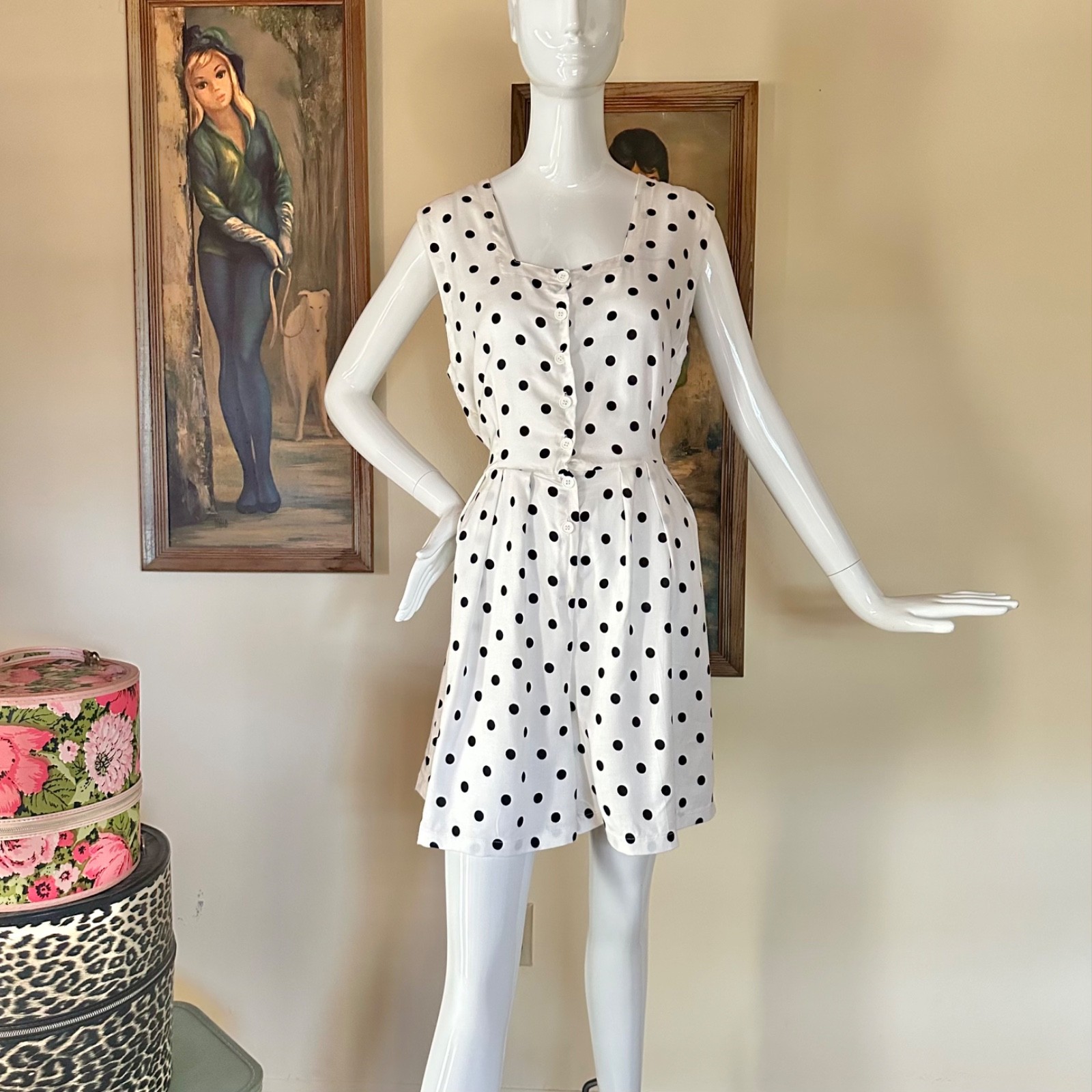 Vintage 1980s B&W Polka-dot Shorts Romper Rockabilly Pin-up Playsuit L Volup