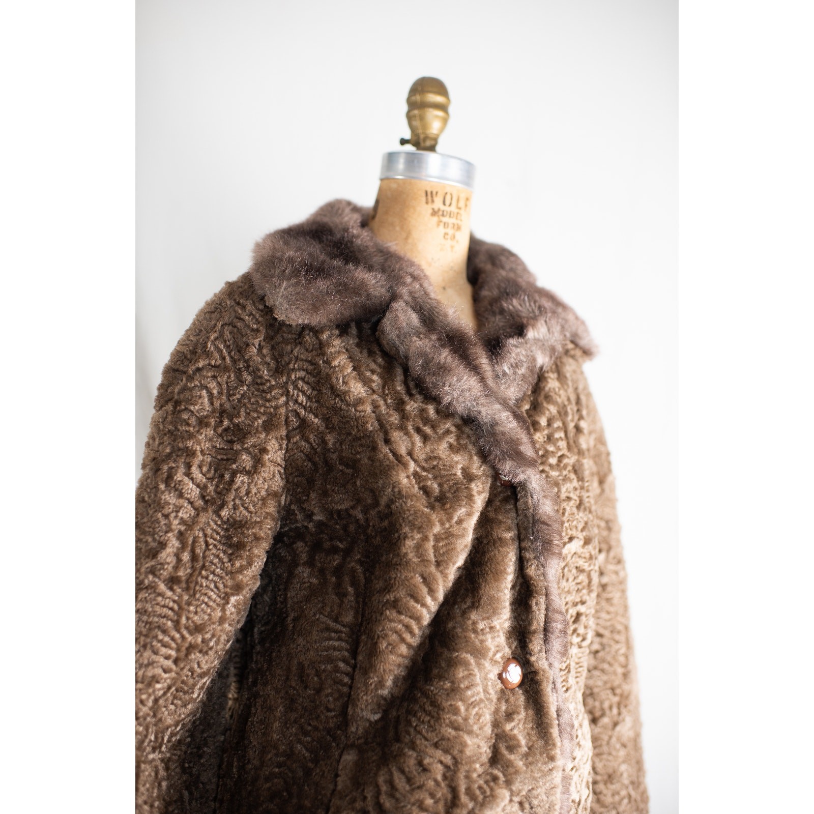 Vintage 1960s Brown Faux Curly Lamb Fur Swing Coat, Glam Old Money Jacket, S M