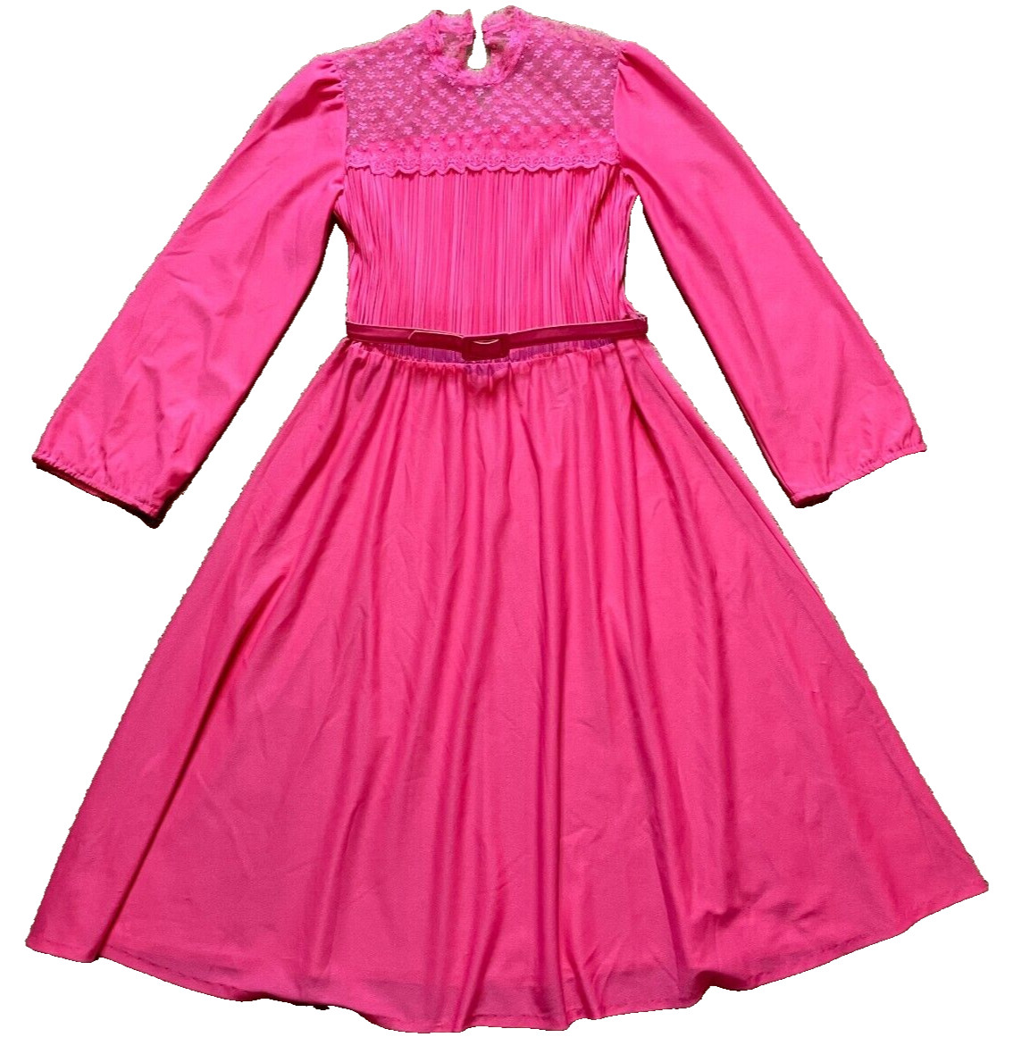 Vintage 70s Disco Coral Pink Long Sleeve Lace Yoke A-Line Midi Teadress Dress M