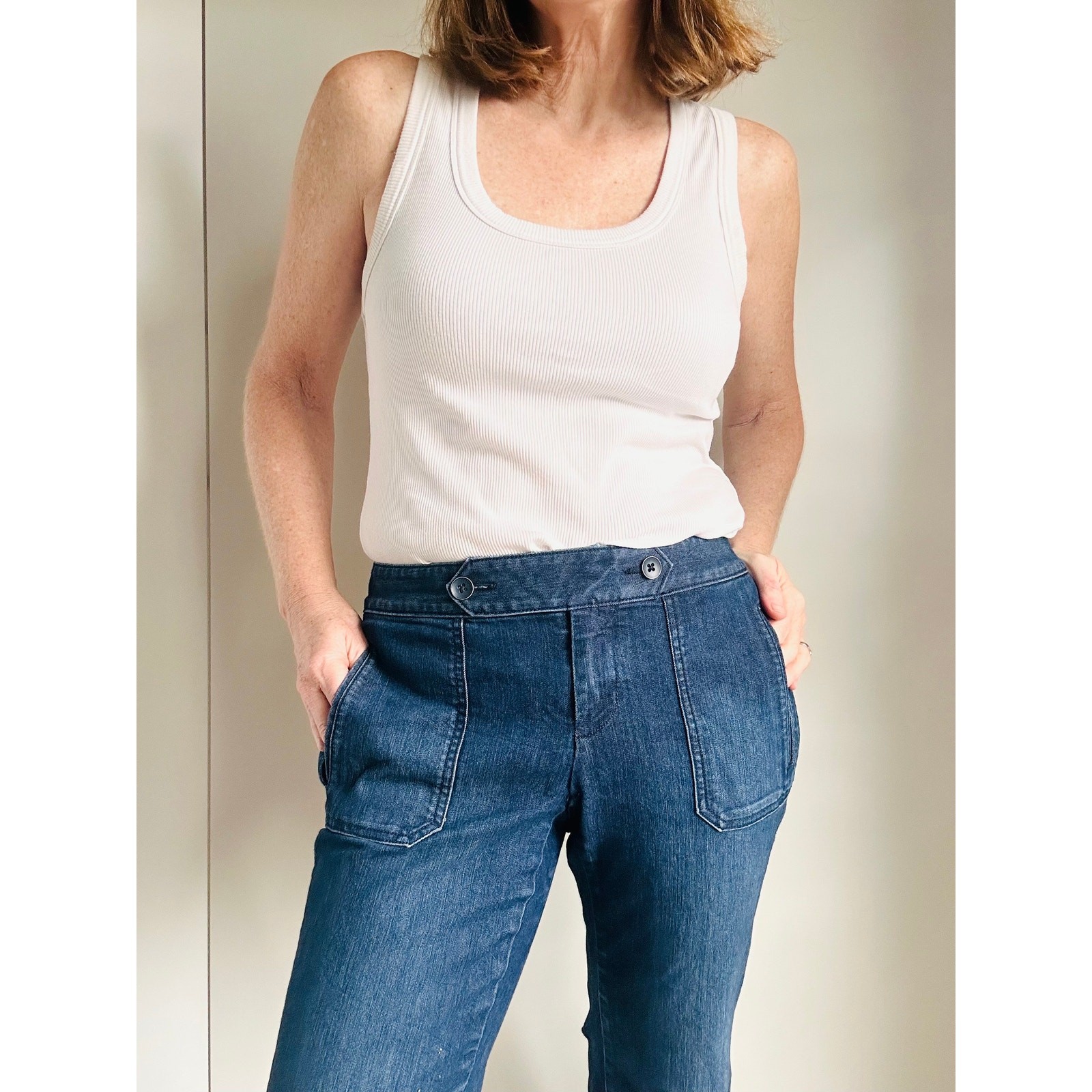 Y2K Denim Jeans Dark Wash Flared Sailor Style Pockets Size Waist 32 Low Rise Fit