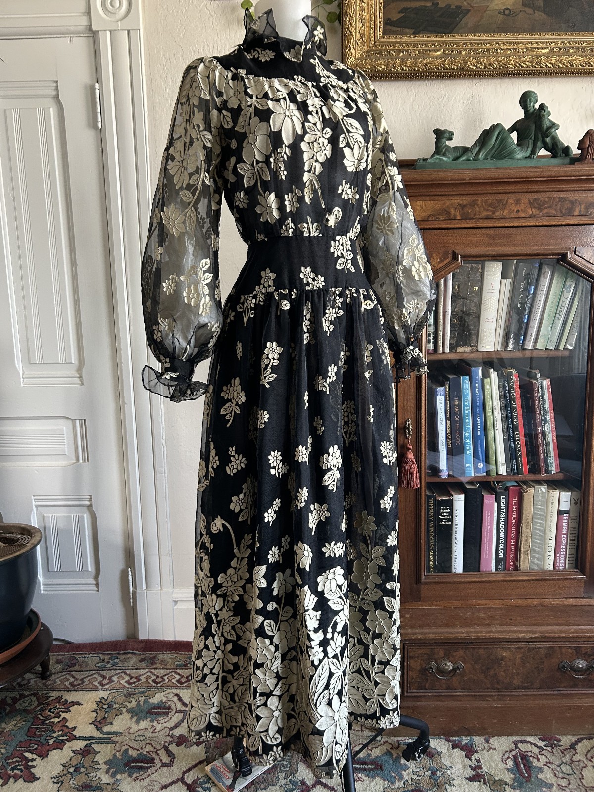 Vintage 70s Rizkallah Black Romantic Sheer Dramtic Gothic Layered Maxi Dress M