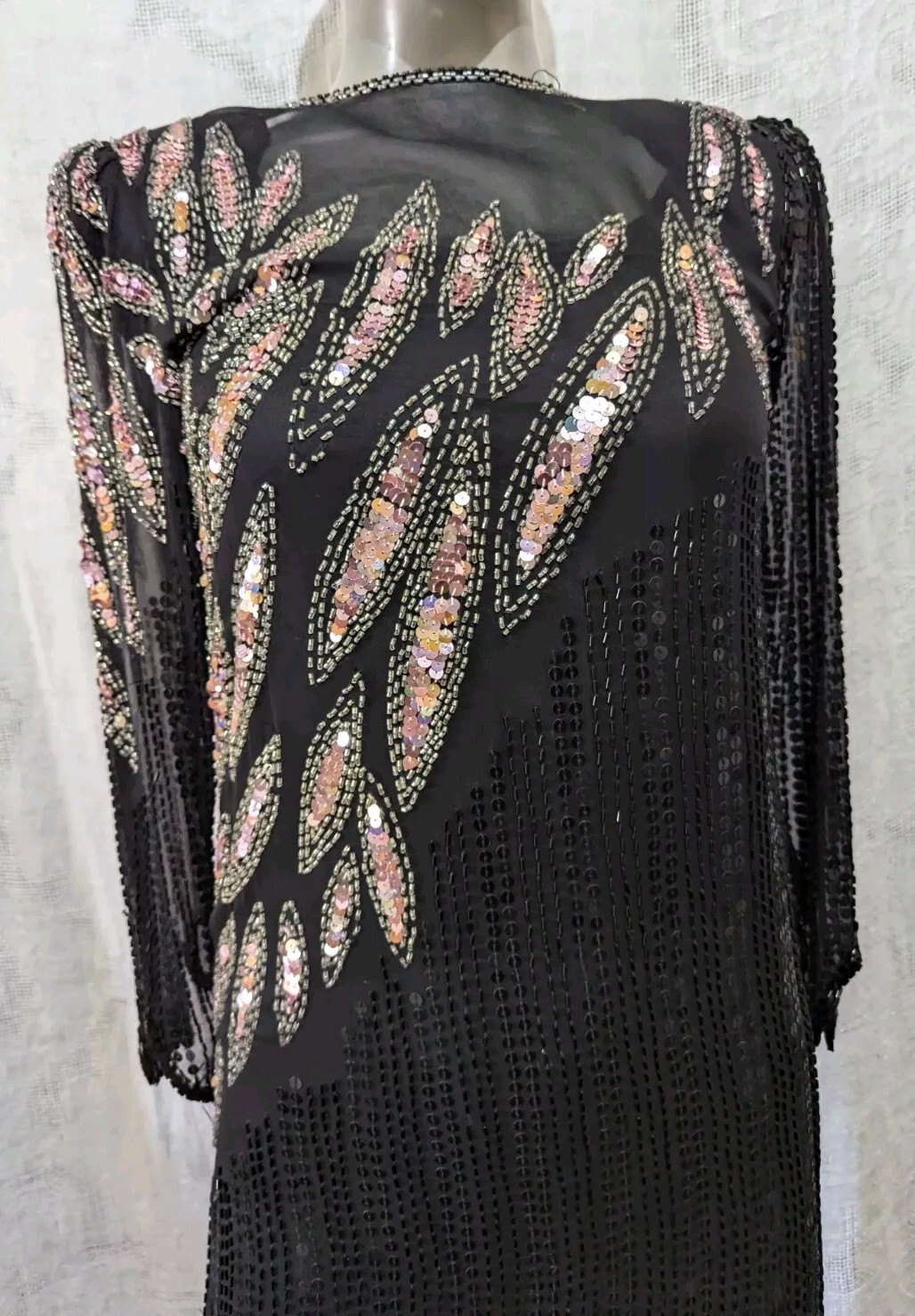 VTG Sho Max Originals Black Pink Silk Beads & Sequins Cocktail Dress PS