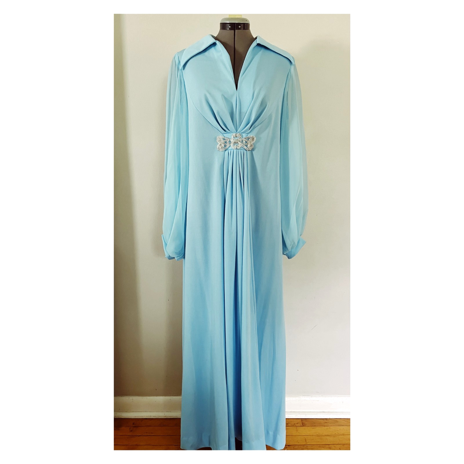 VTG JC Penney Fashions Sz L Aqua Blue Evening Maxi Dress Sheer Sleeve A Line