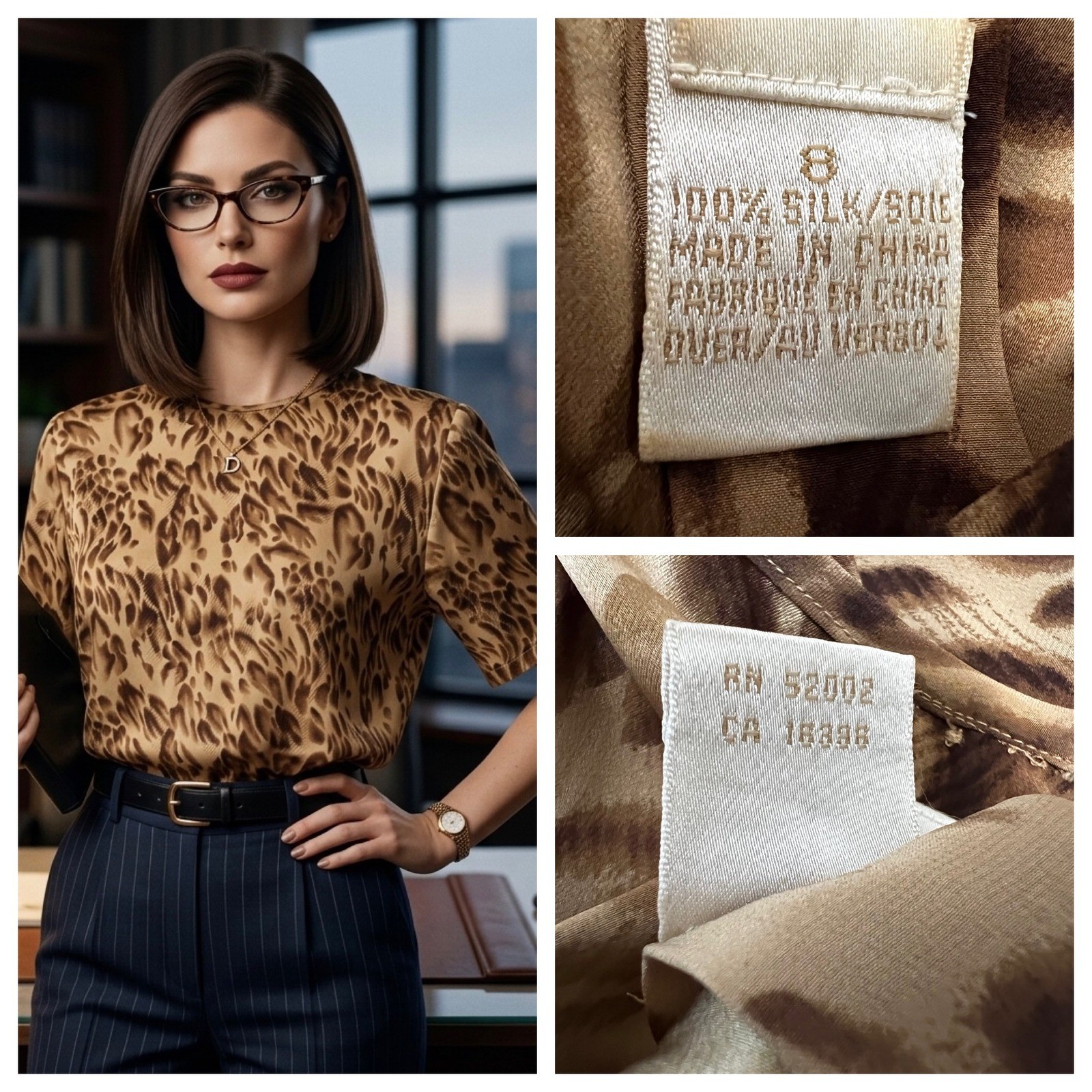 Vintage 90 Dana Buchman Silk Leopard Print Blouse Brown Office Siren Mob Wife 8