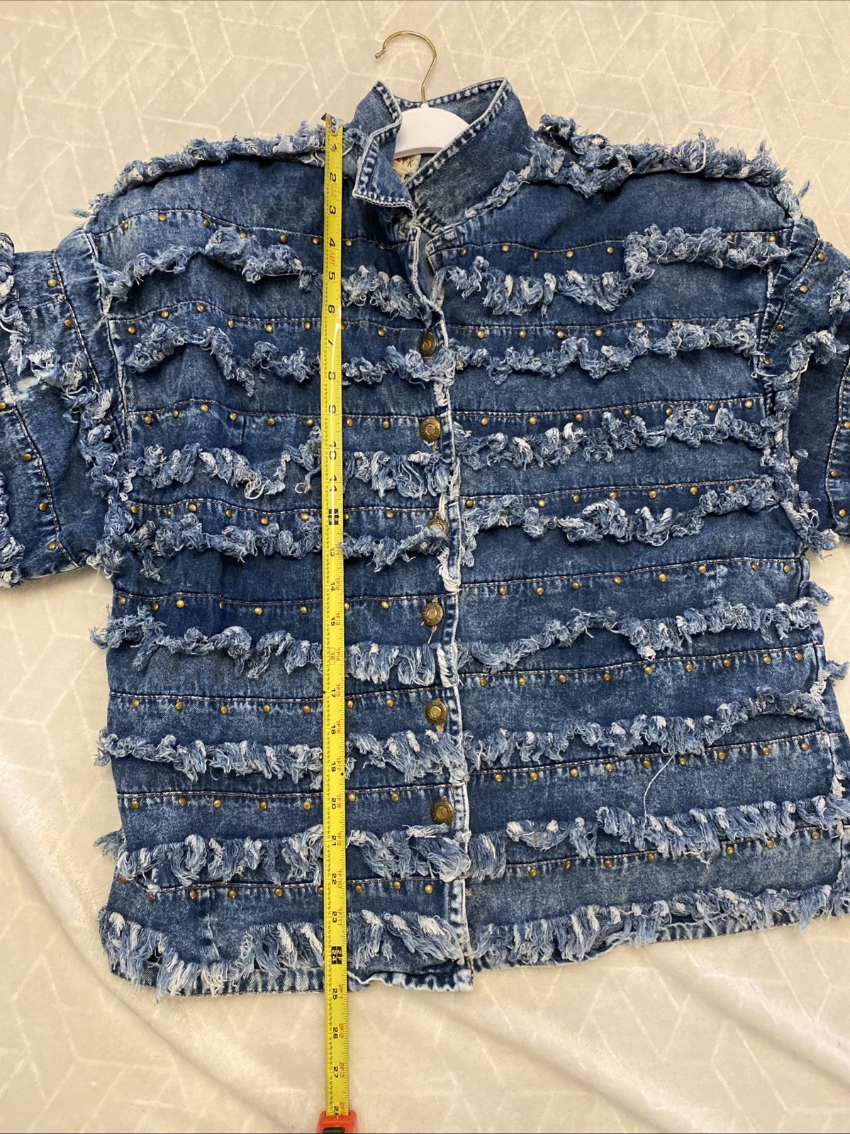 VTG Style Frayed Shaggy Fringe Denim Shacket L Brass Tone Buttons Boho Western
