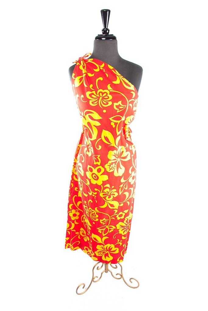 One Shoulder Hibiscus Dress Brilliant Red & Yellow Hand Dyed Hawaiian L 1965