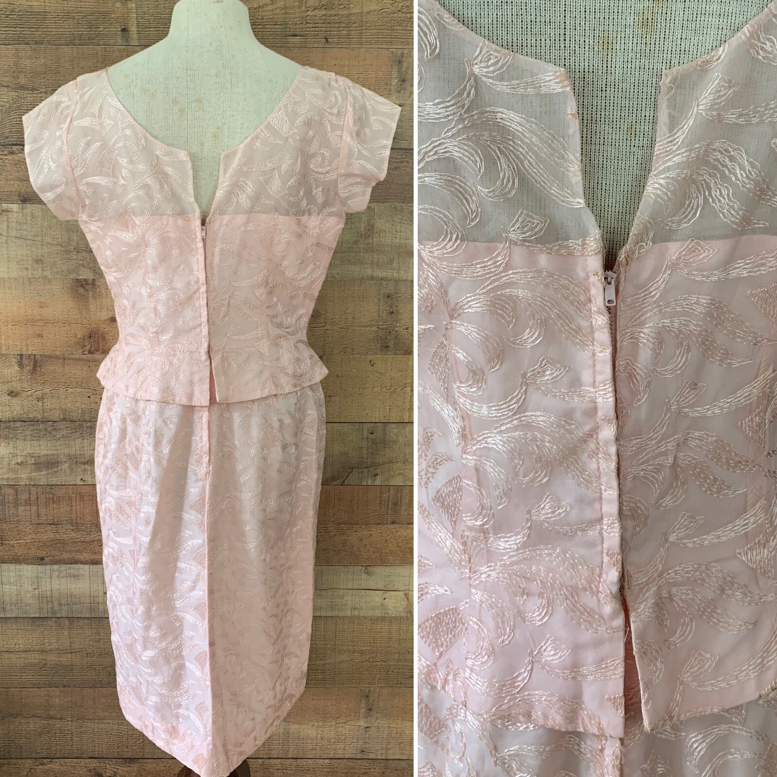 Vintage 1950s Pink Embroidered Sheer Peplum Cocktail Evening Dress Size M/L
