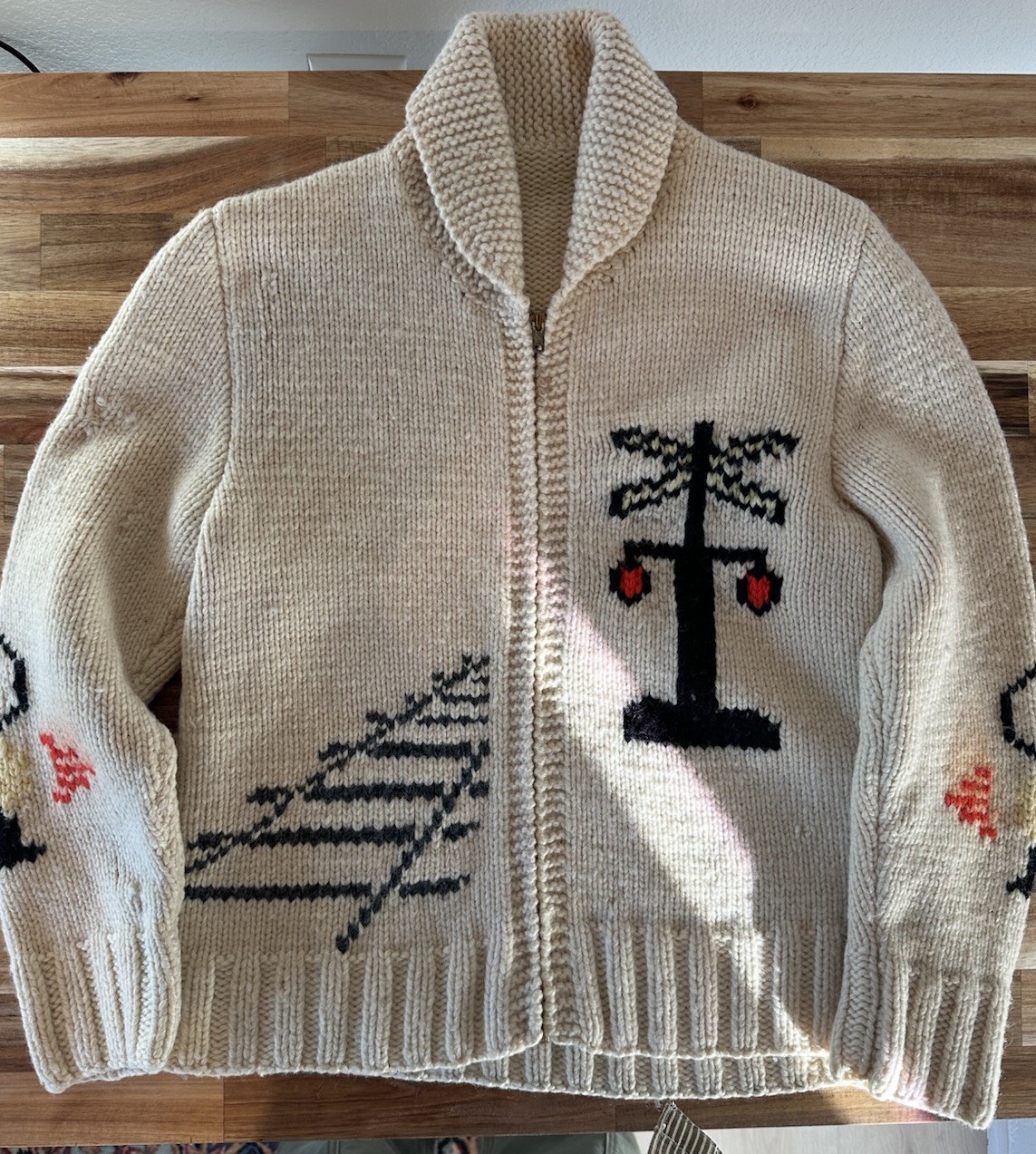 Mary Maxim Style Vintage Hand Knit 50s Zip Cardigan Sweater Railroad Motif small