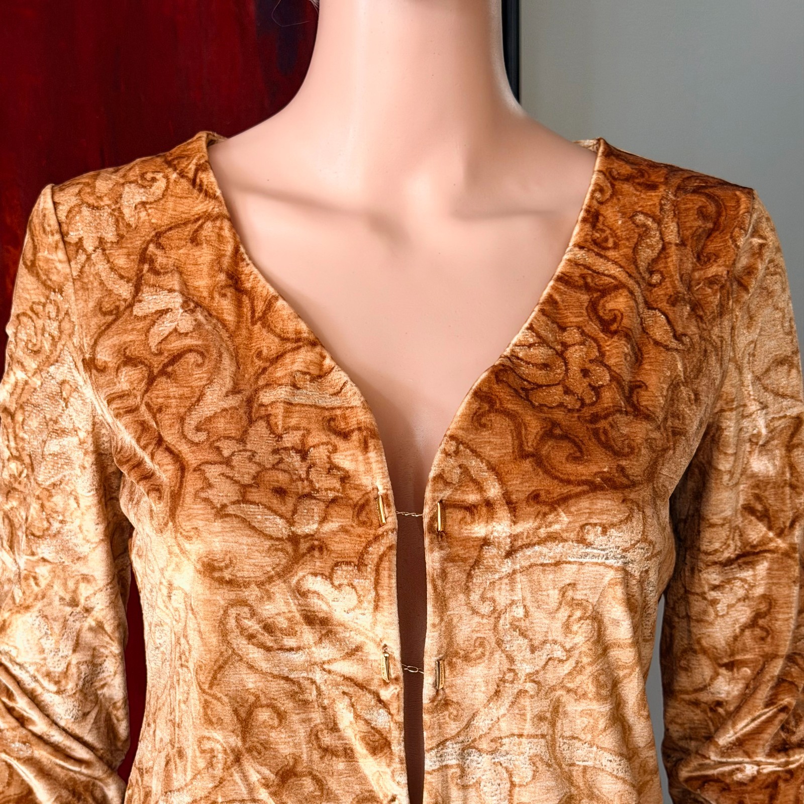 ROBERTO CAVALLI stretch velvet set top & skirt Baroque print from 1990s