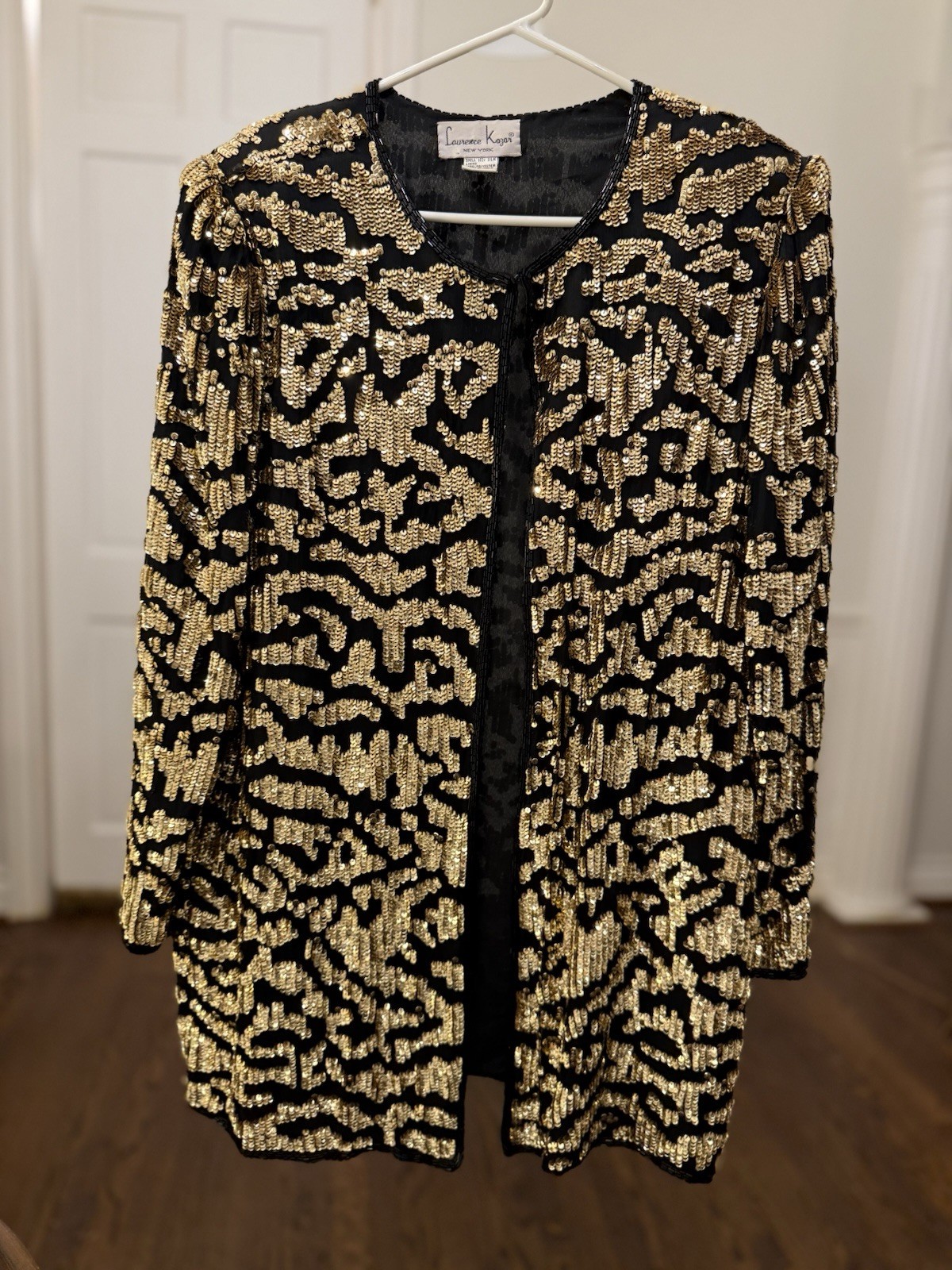 Vintage Lawrence Kazar 100% Silk Beaded Sequin Black & Gold Blazer Leopard Print
