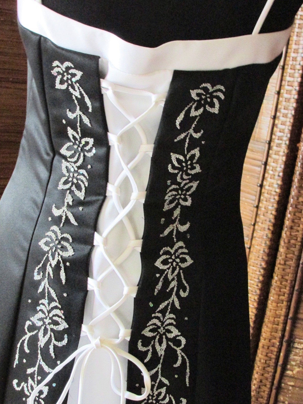 VTG Black Brushed Satin Gown White Lace-Up Back Silvery Gray Caviar Beading SZ 8