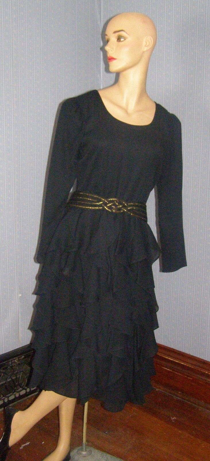 Vintage 80’s simple black semi-sheer TIERED RUFFLE dress S M chiffon evening