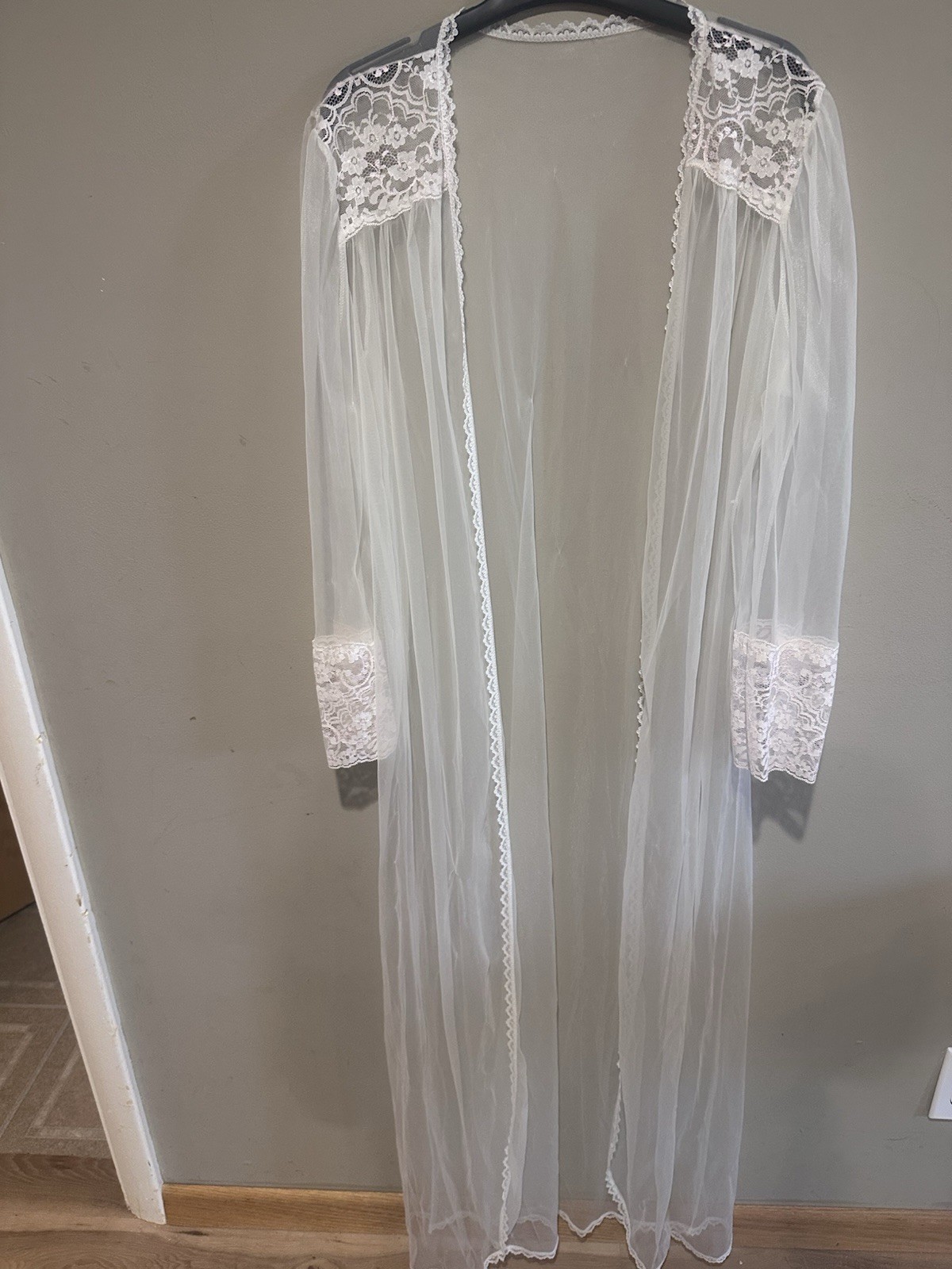 vintage Sheer White Robe With delicate lace details on the neckline and cuffs.