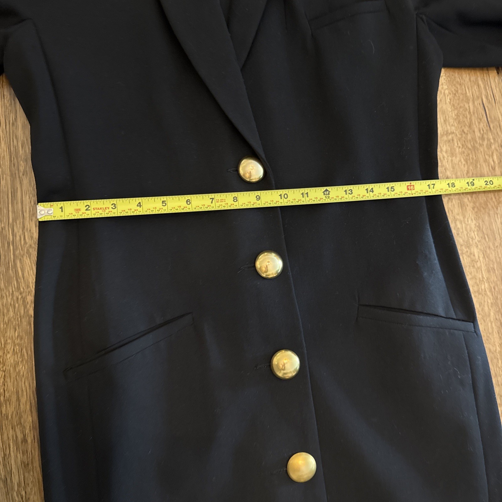 Vtg Lillie Rubin Wool Coat Dress 10 Black Shoulder Pads GoldButtons Quiet Luxury