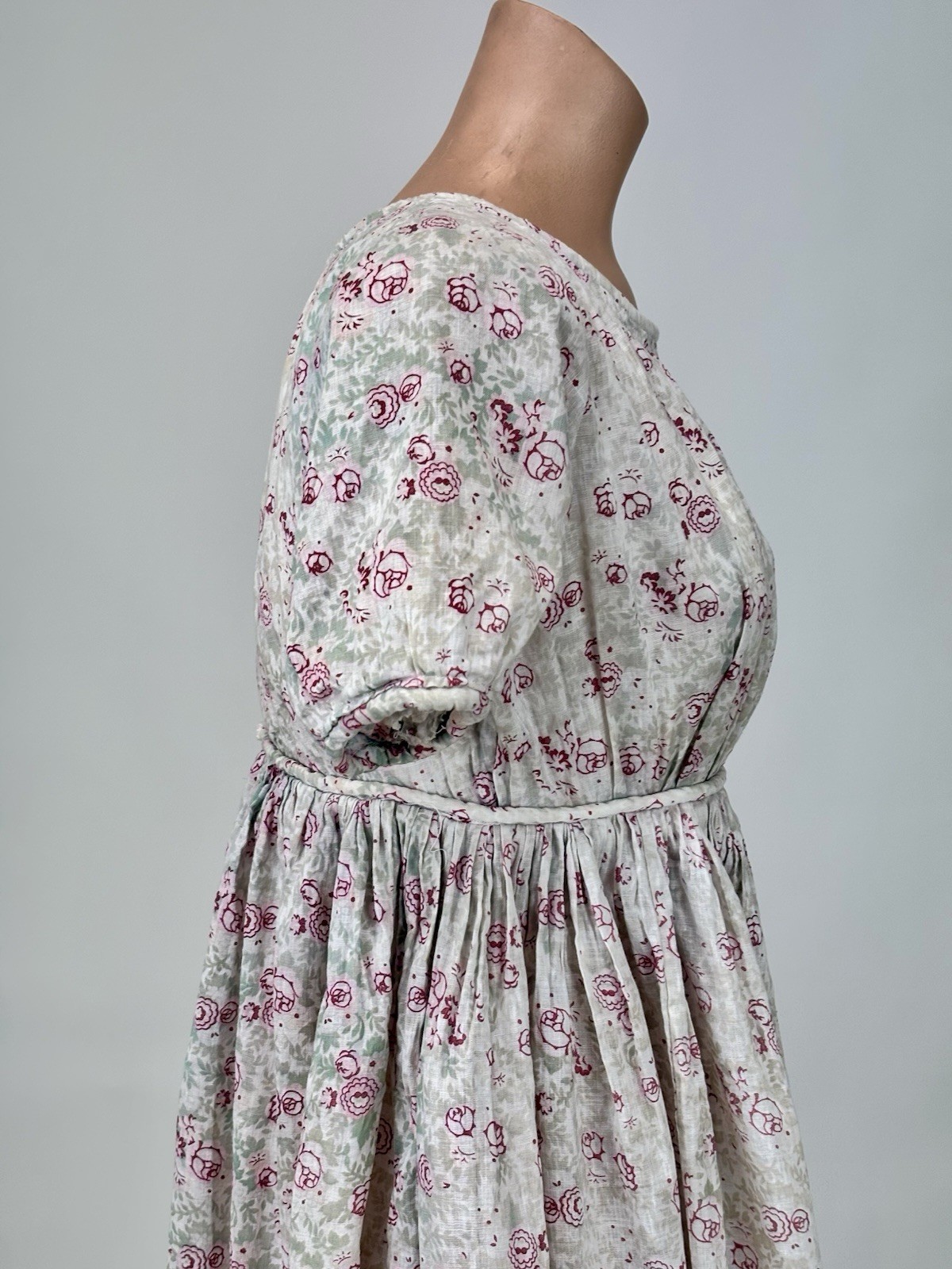 Vintage 1910s Childs Dress Short Sleeves Floral Print Pink Beige Soft Green
