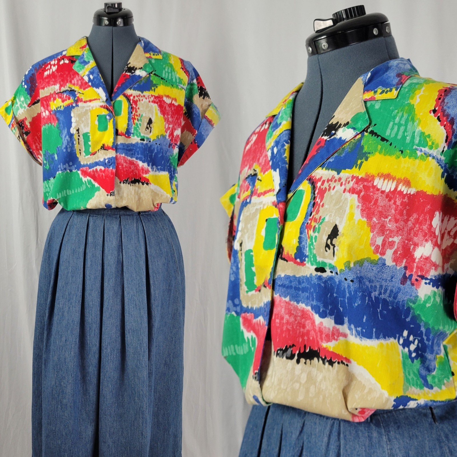 Vintage Ecco Bay Red/Yellow/Green/Blue/Tan S/S Button Down Top Size Med