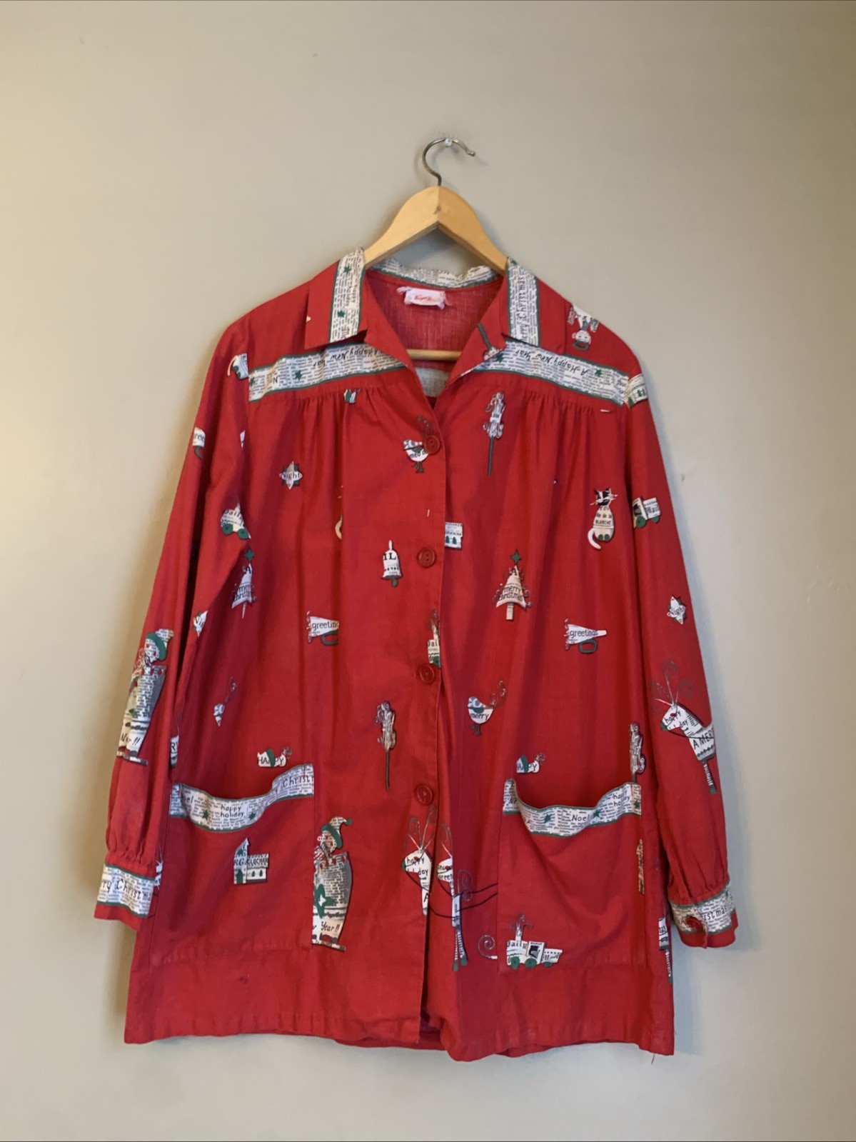 VTG 40’s 50’s 60s WayneMaid Novelty Print Faded Smock Christmas Holiday New Year