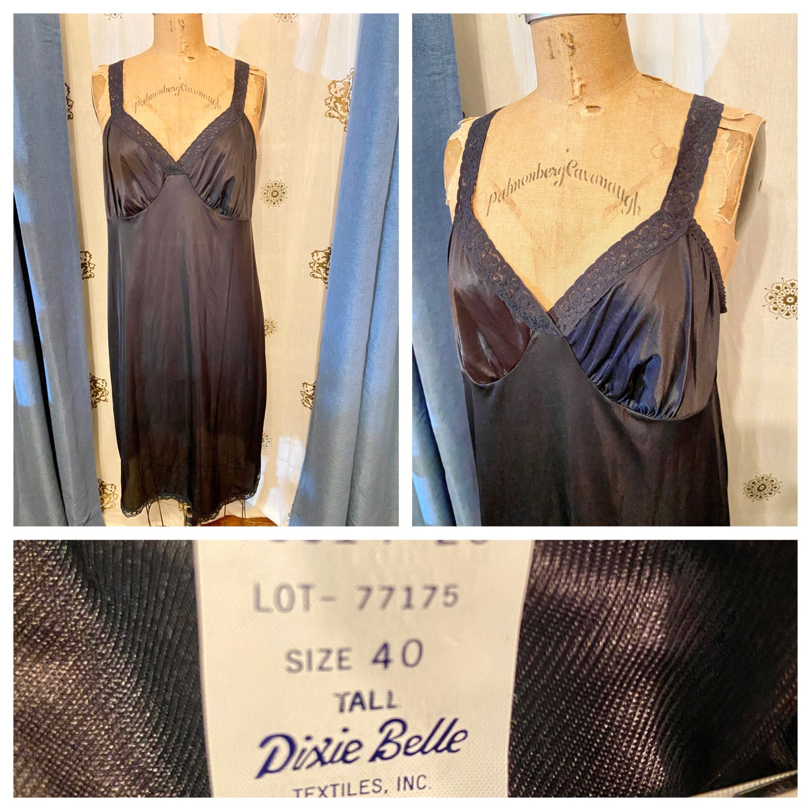 Vintage DIXIE BELLE Black Nylon Full Slip Dress Floral LACE 40 Tall EUC Coquette