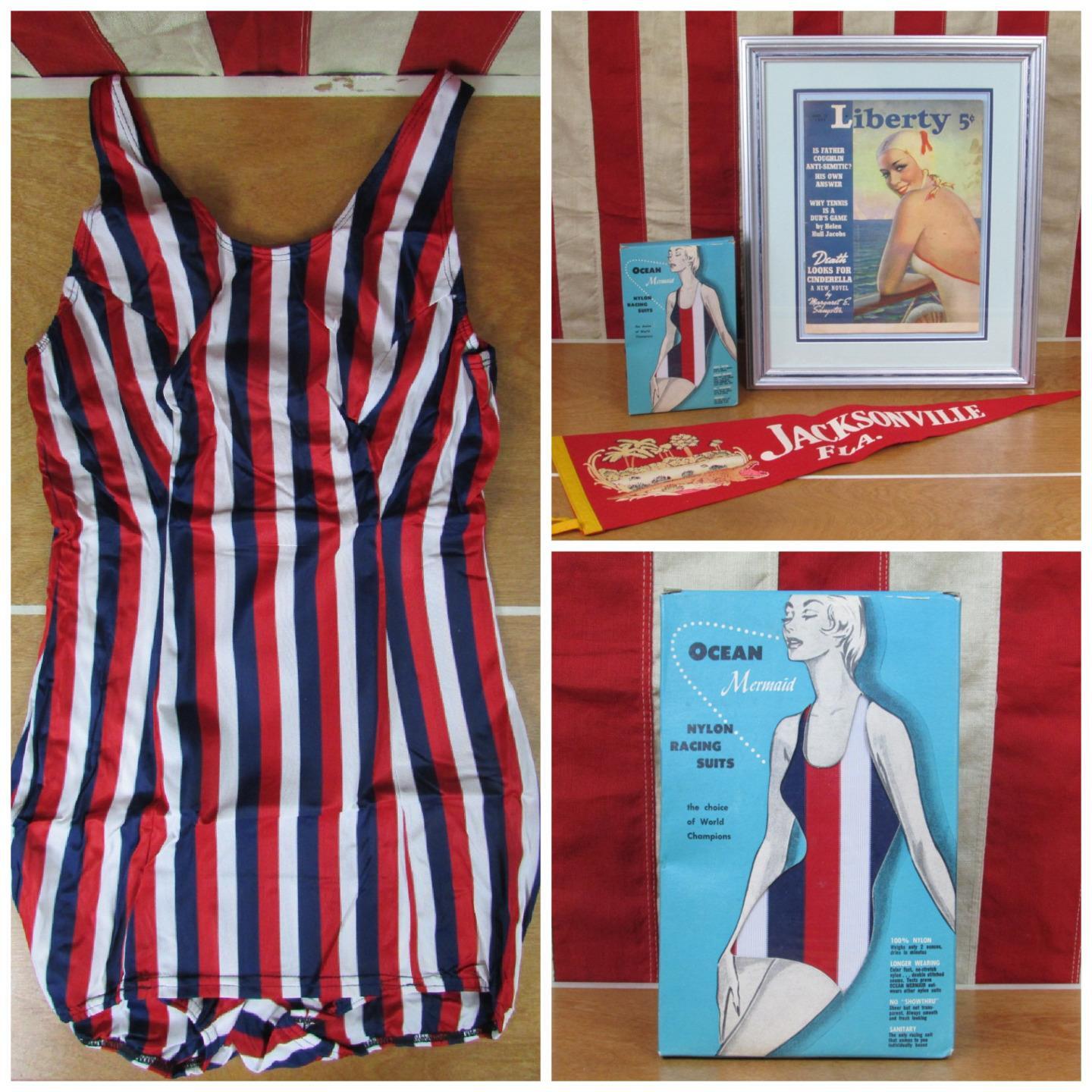 Vintage 1960s Ocean Mermaid Swimsuit NOS w/Liberty Magazine Framed Beach Pennant