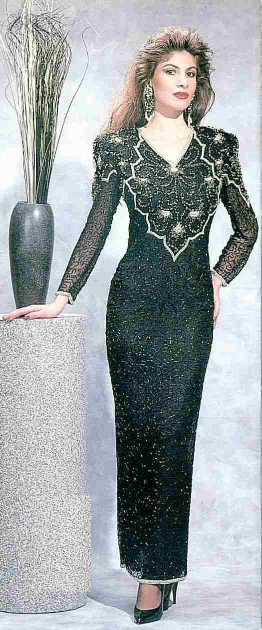 Jasdee Vintage Beaded Gown Long Sheer Sleeve V Neck On Silk Style 2098