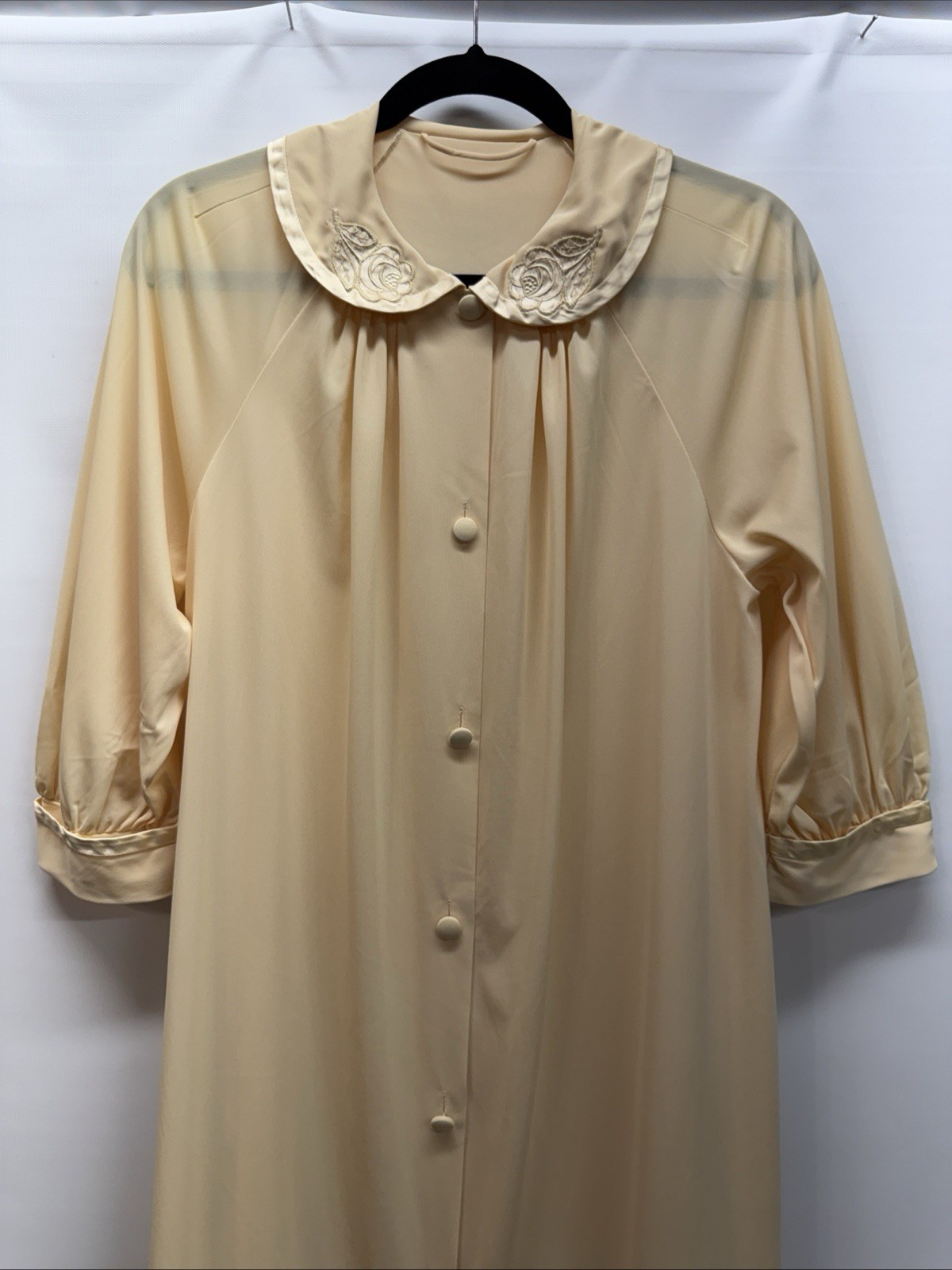 Vintage GOSSARD ARTEMIS Housecoat Robe Sz S Yellow Rose Embroidery Nylon USA