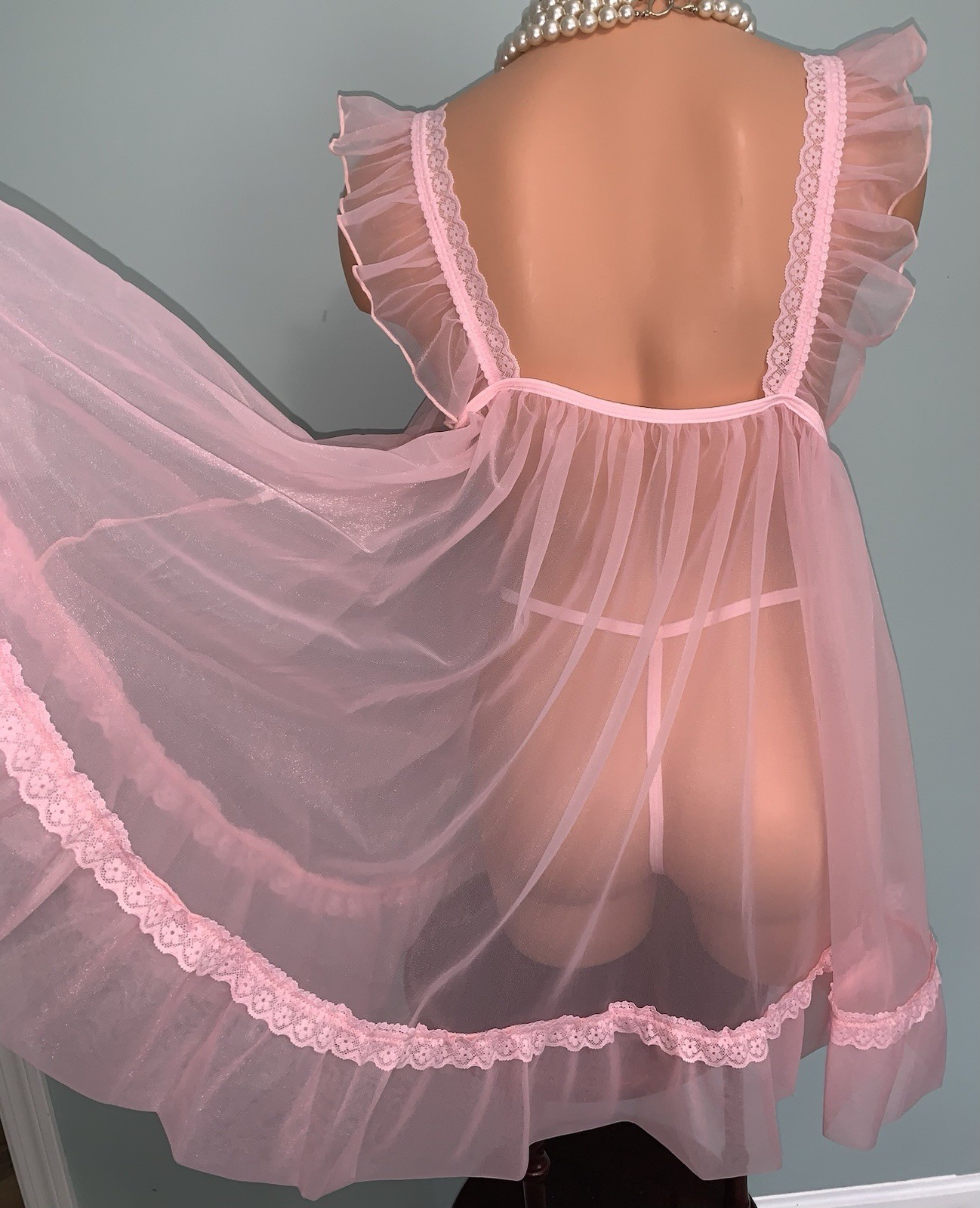 NEW SHEER Old School Chiffon Babydoll 3X Panty SatinRibbon 2pc Full Skirt