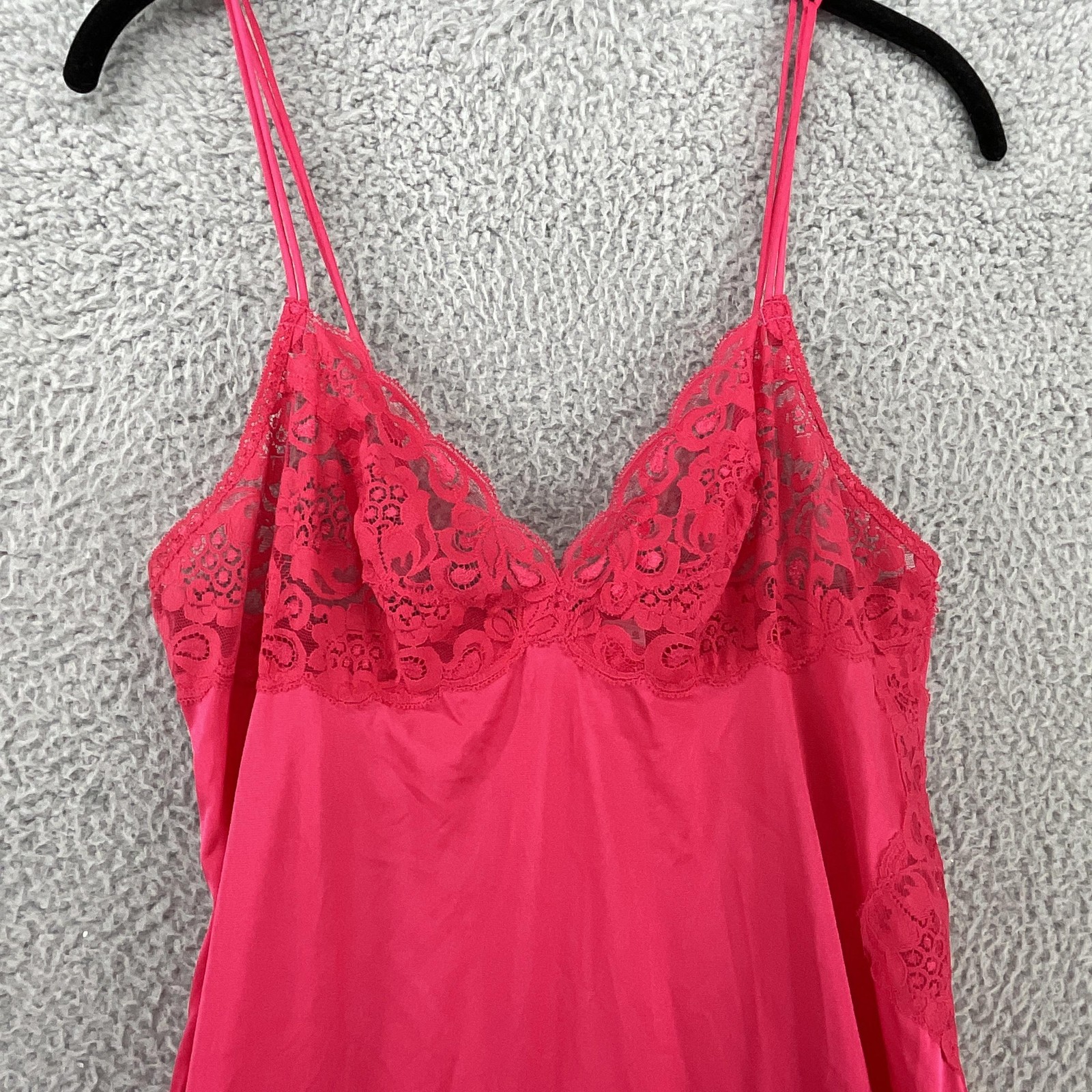Miss Elaine Slip Womens L Red Lace Nylon Long Nightgown Spaghetti Straps USA