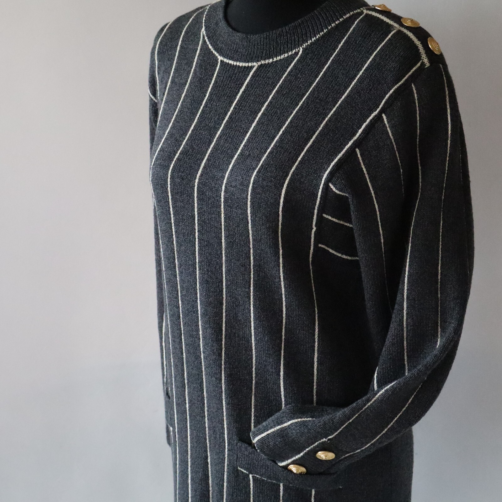 Vtg Don Sayres Wellmore Wool Knit Dress Navy Blue Pinstripe Long Sleeve Sz 10
