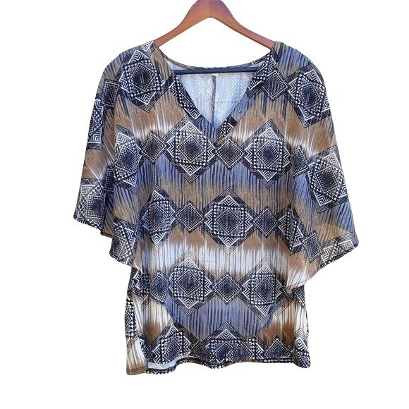 Vintage Top M Neutrals Aztec Tribal Southwest Print Tank Sheer Cape Overlay