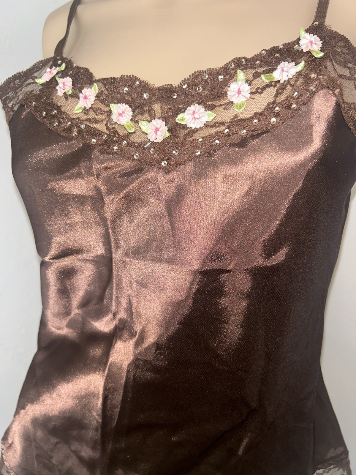 Vintage Y2K Deadstock One Step Up Satin Camisole Cami Top NWT Brown Rose Lace S