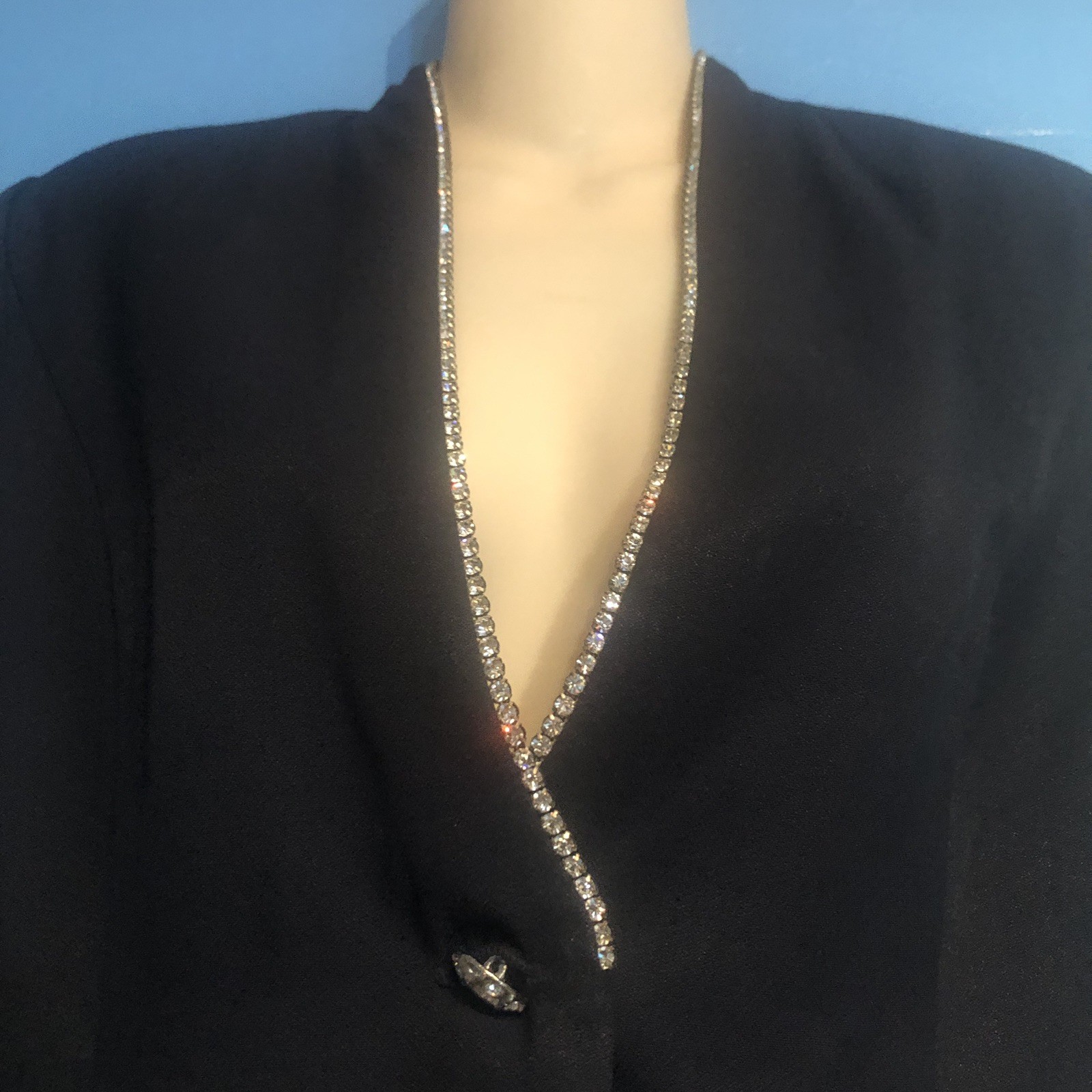 Vintage 1980s JR Nites Petites M Dress Jacket Navy Rhinestone Trim Shoulder Pads