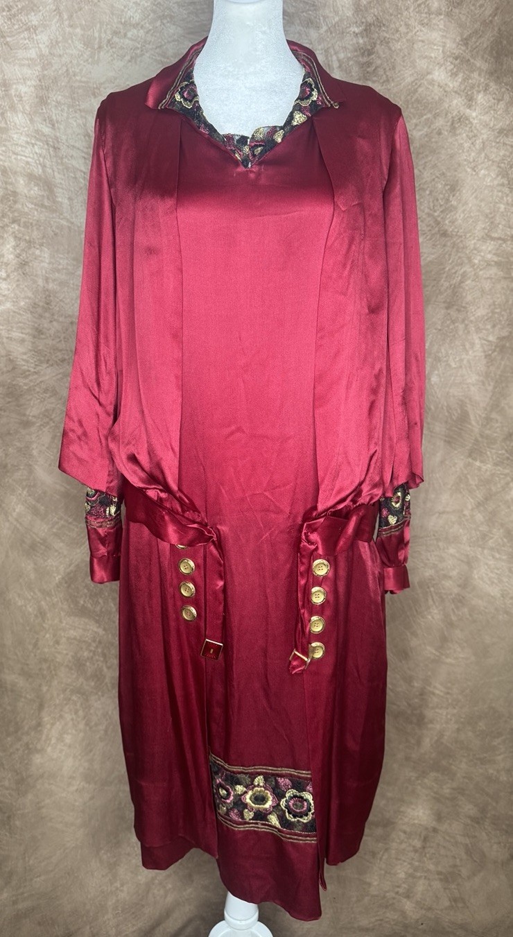 Antique 1910s 1920s Red Satin Dress Embroidered Trim Enamel Buckles Drop Waist