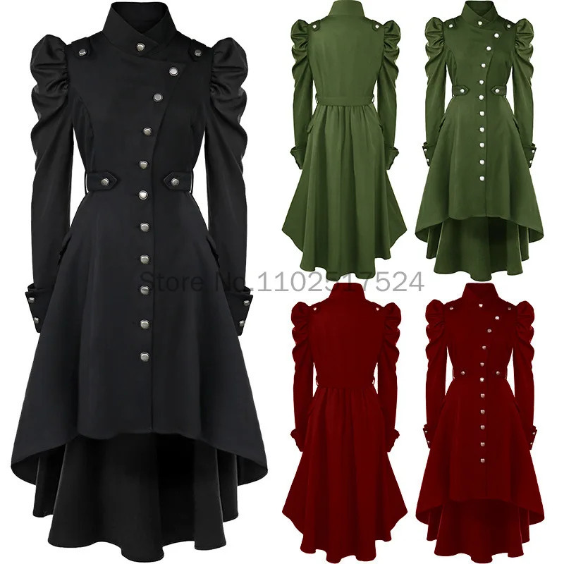 Gothic British Style Coat ForWomen Medieval Steampunk SolidColor Irregular Stand