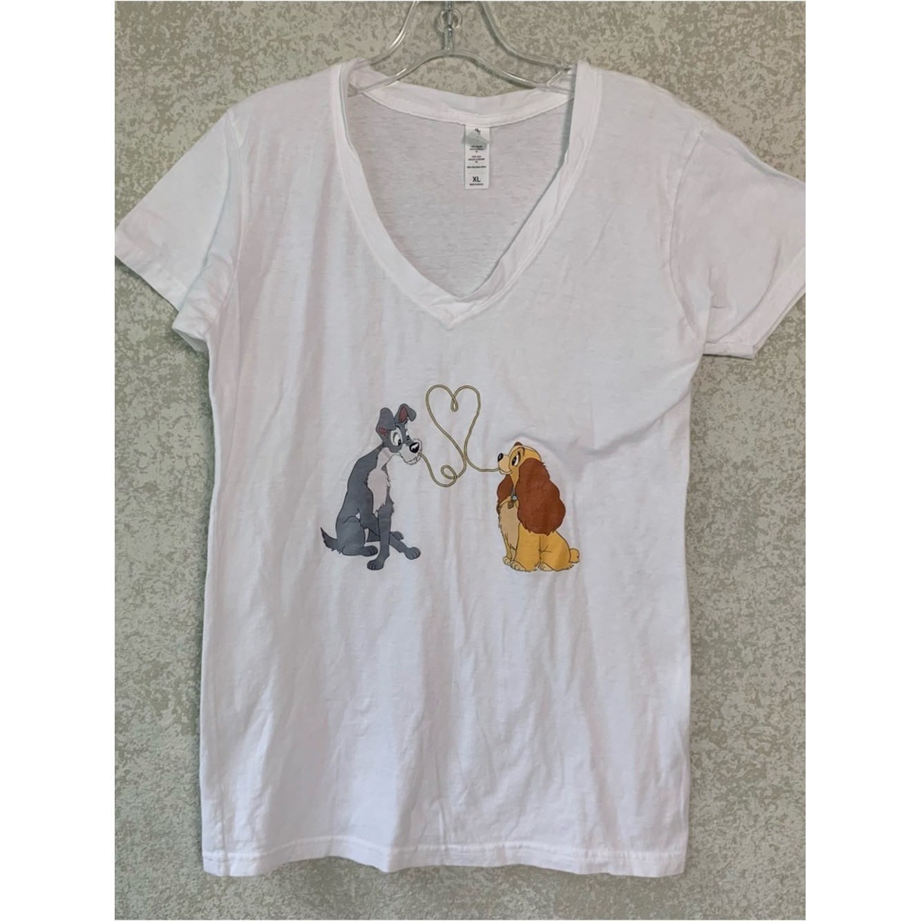White V-Neck Cotton Shirt XL Lady & the Tramp Design Soft Old Disney