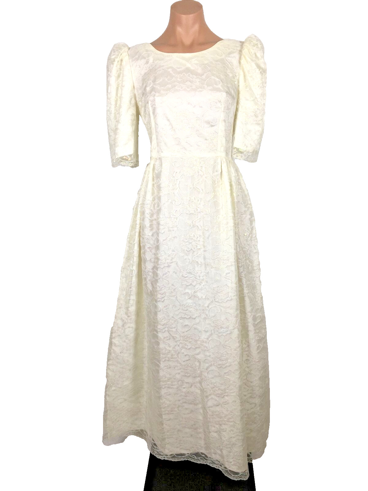 VTG 80s Puffy Sleeve Dress Floral Lace PROM Party Wedding Metallic Lame EUC S/M