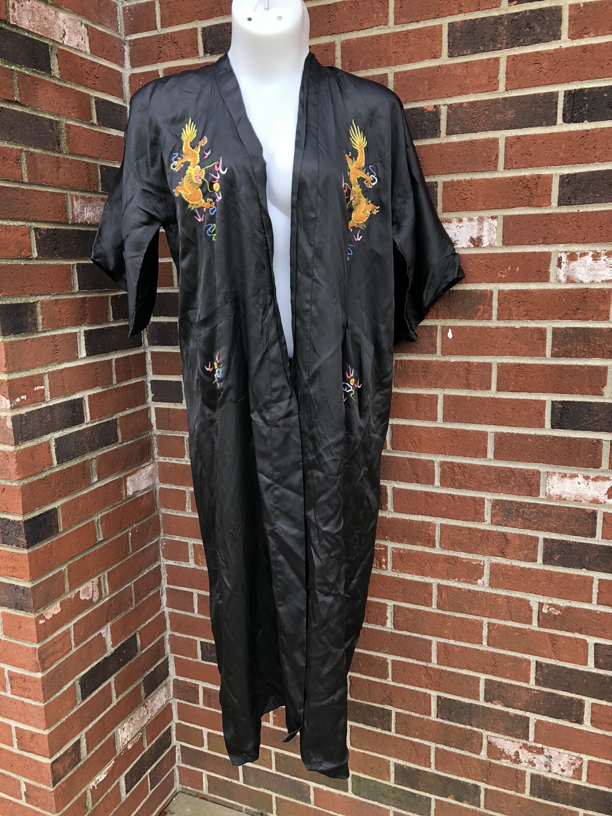 Lyre Bird Asian Golden Dragon Embroidered Chinese Robe Black Kimono Size Medium