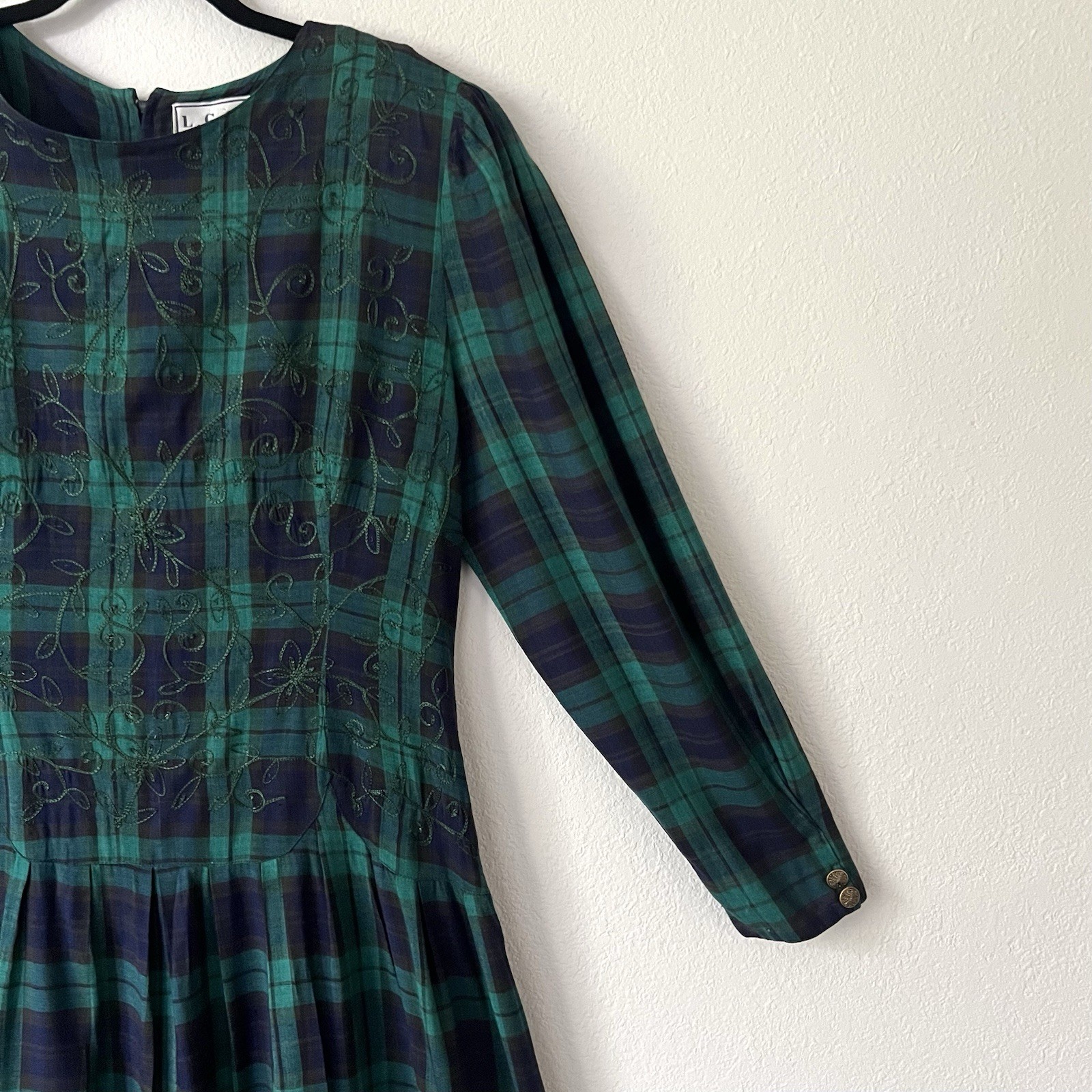 VTG LGS 90s Plaid Embroidered Drop Waist Maxi Dress 12 Tartan Plaid Shoulder Pad