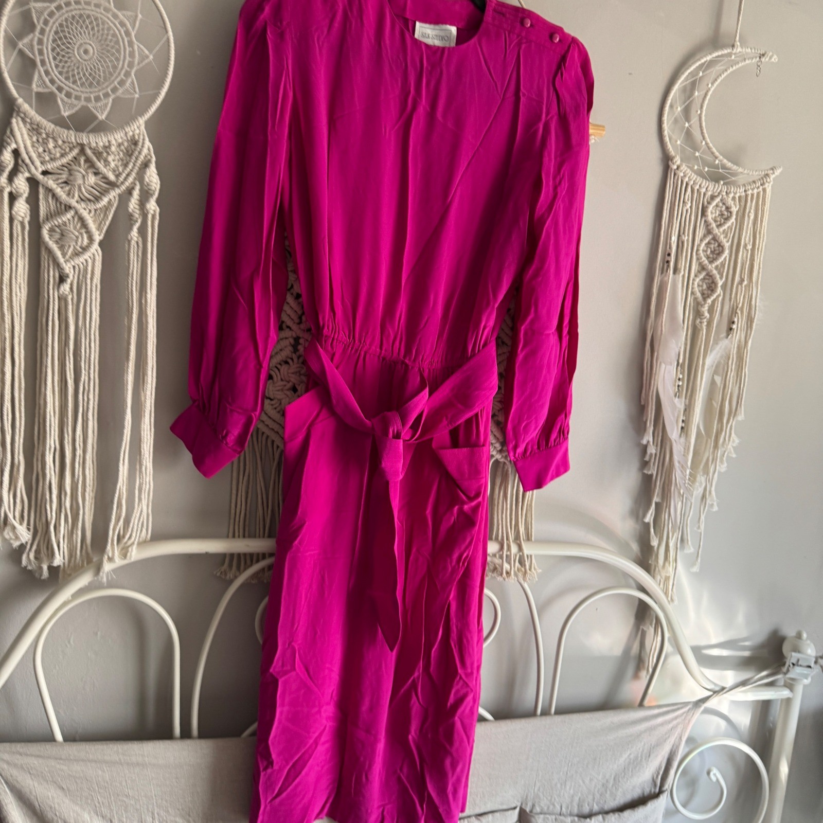 Silk Studio Vintage Fuchsia Pink 100% Silk Long Sleeve Midi Dress Size 8