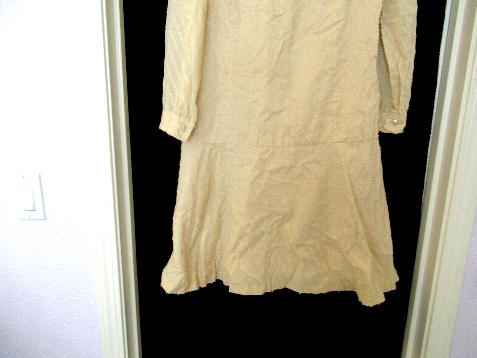 Yellow dropped waist dress, butterfly collar, sz. M 36″ chest, c. 1970s