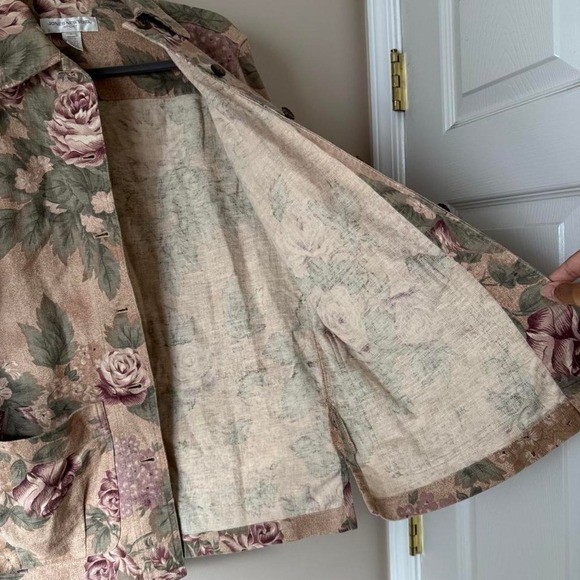 Vintage 90s Jones New York sport floral chore coat linen cotton tan pink