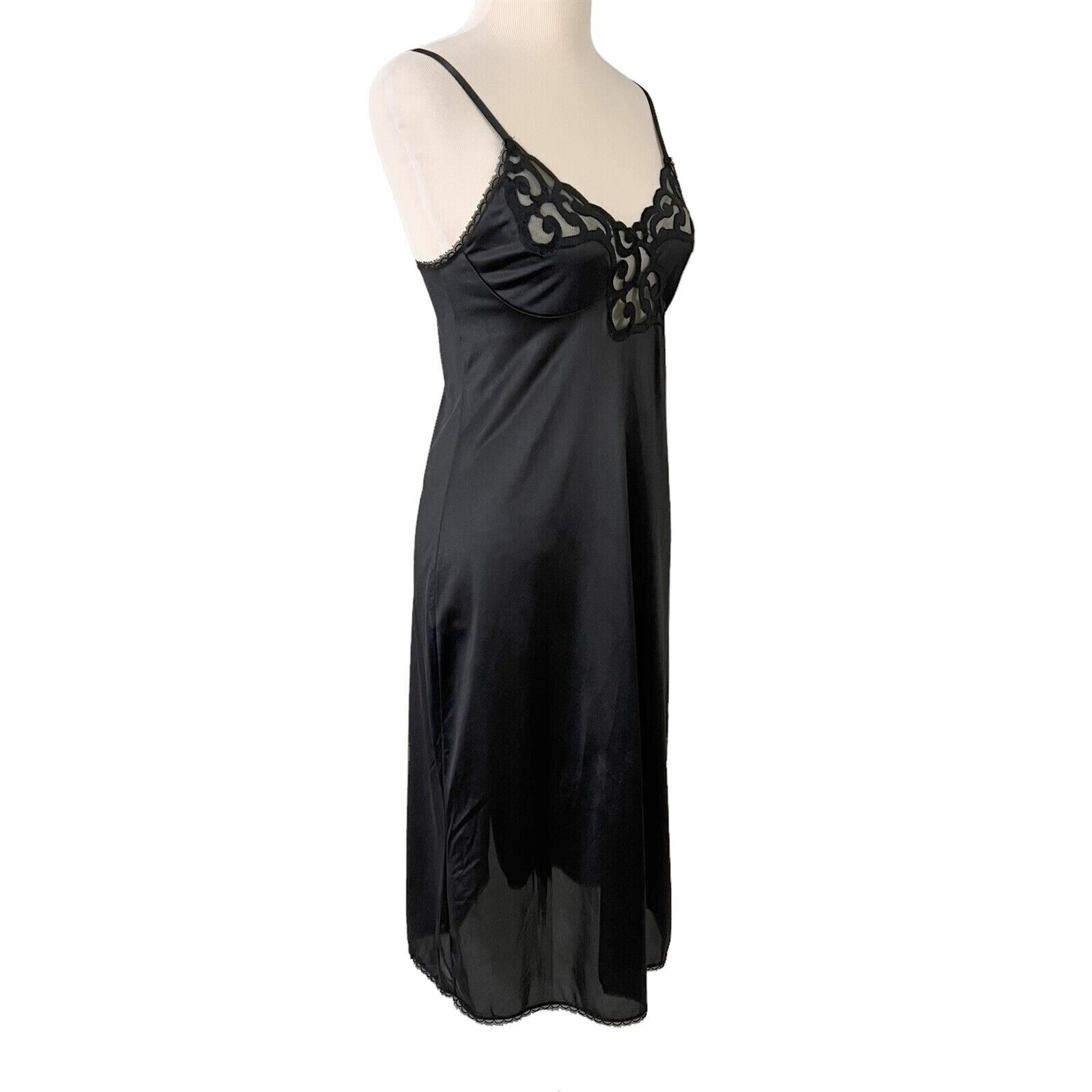 Cabernet Black Full Slip or Nightgown Size 34 Vintage 1980s Illusion Nylon USA