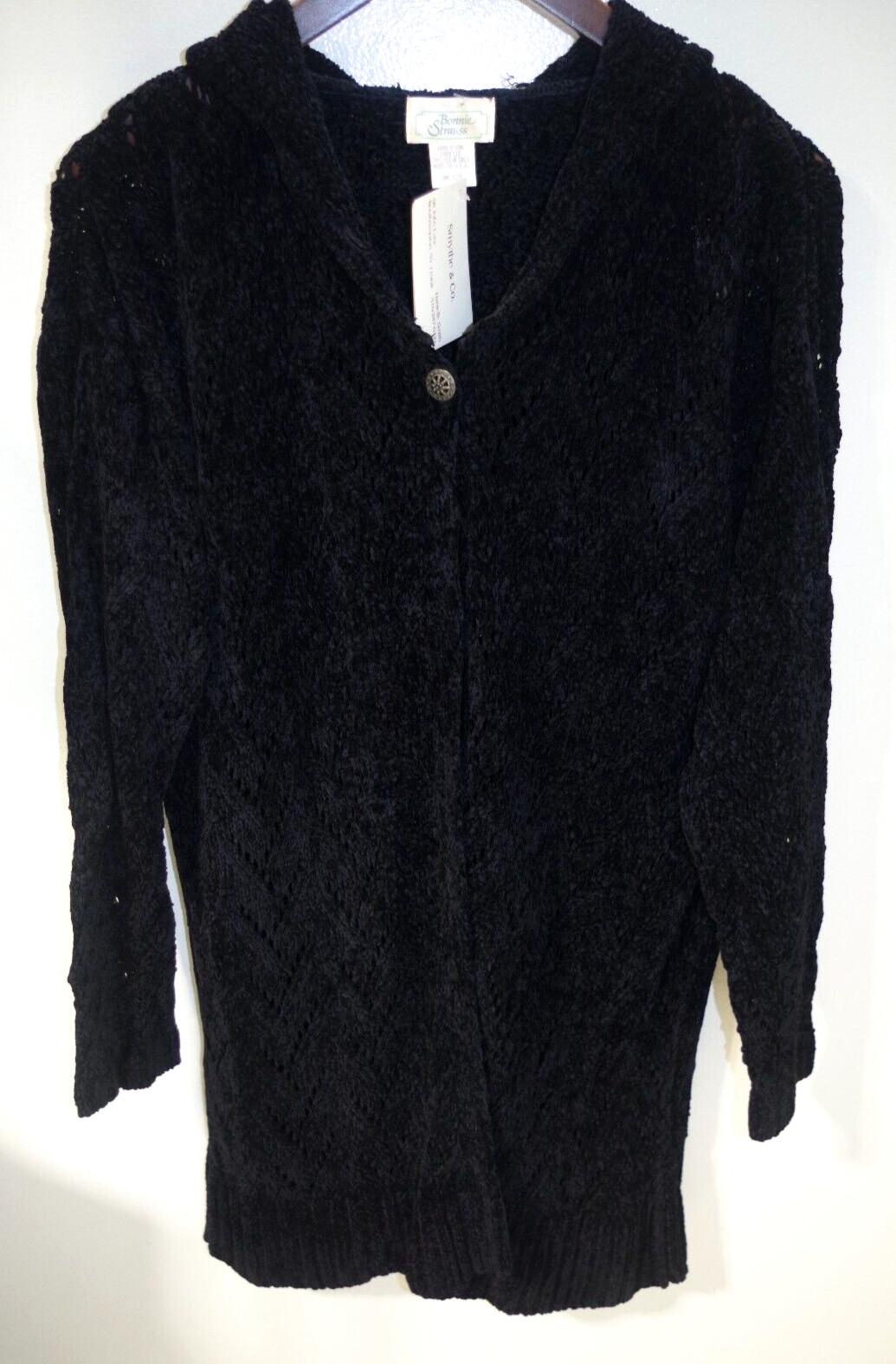 C22 NWT Bonnie Strauss Hoodie Long Cardigan Black Chenille Openwork Knit Coat
