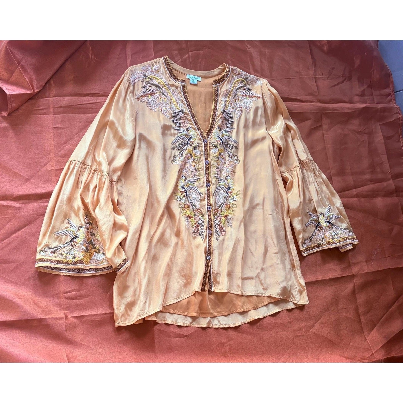 Sundance Embroidered Satin Blouse Medium Gold Champagne Floral Bell Sleeve Boho