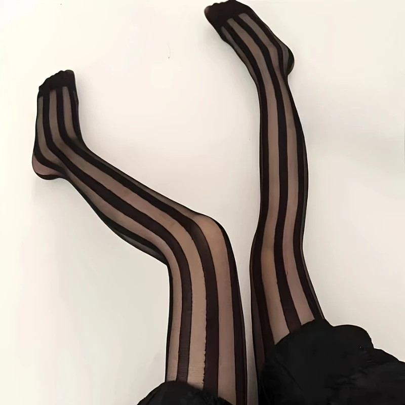 Women’s Vintage Sexy Sheer Wide Vertical Stripe Pantyhose Tights Retro.