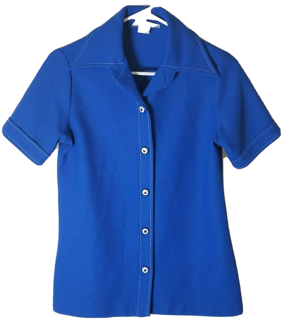 Vintage Sears 100% Polyester Blue Button Down Shirt Size 12 EUC Retro Mod