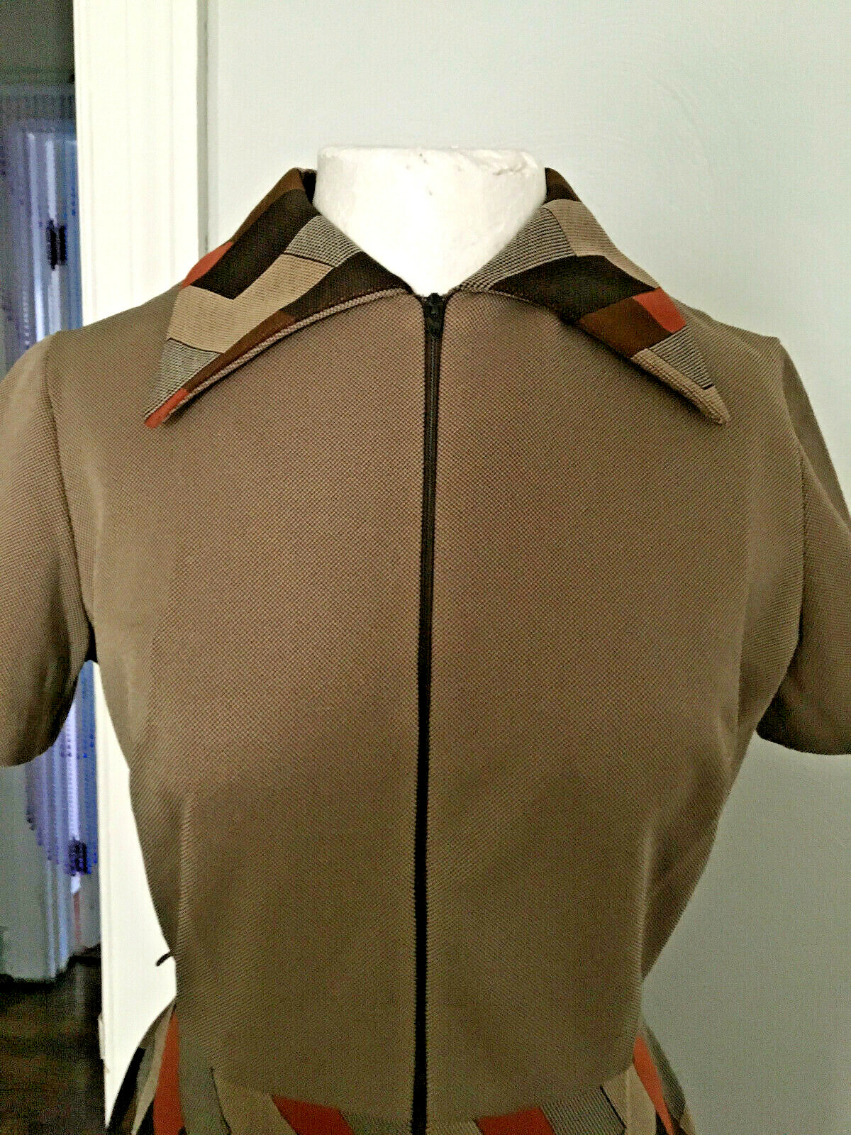 Vintage Puritan Forever Young Brown Geometric Skirt Point Collar Midi Dress Sz 7